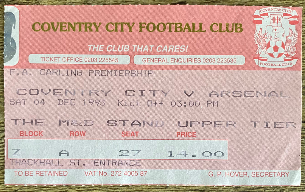 1993/94 ORIGINAL FA PREMIERSHIP TICKET COVENTRY CITY V ARSENAL
