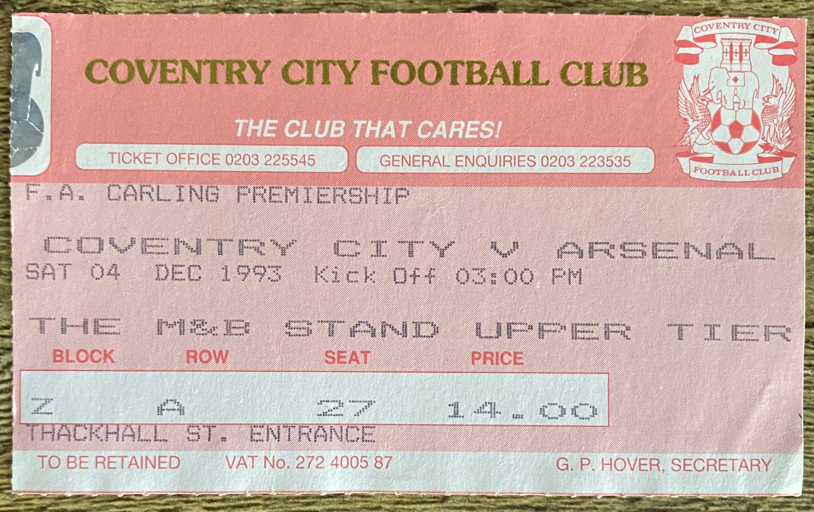 1993/94 ORIGINAL FA PREMIERSHIP TICKET COVENTRY CITY V ARSENAL