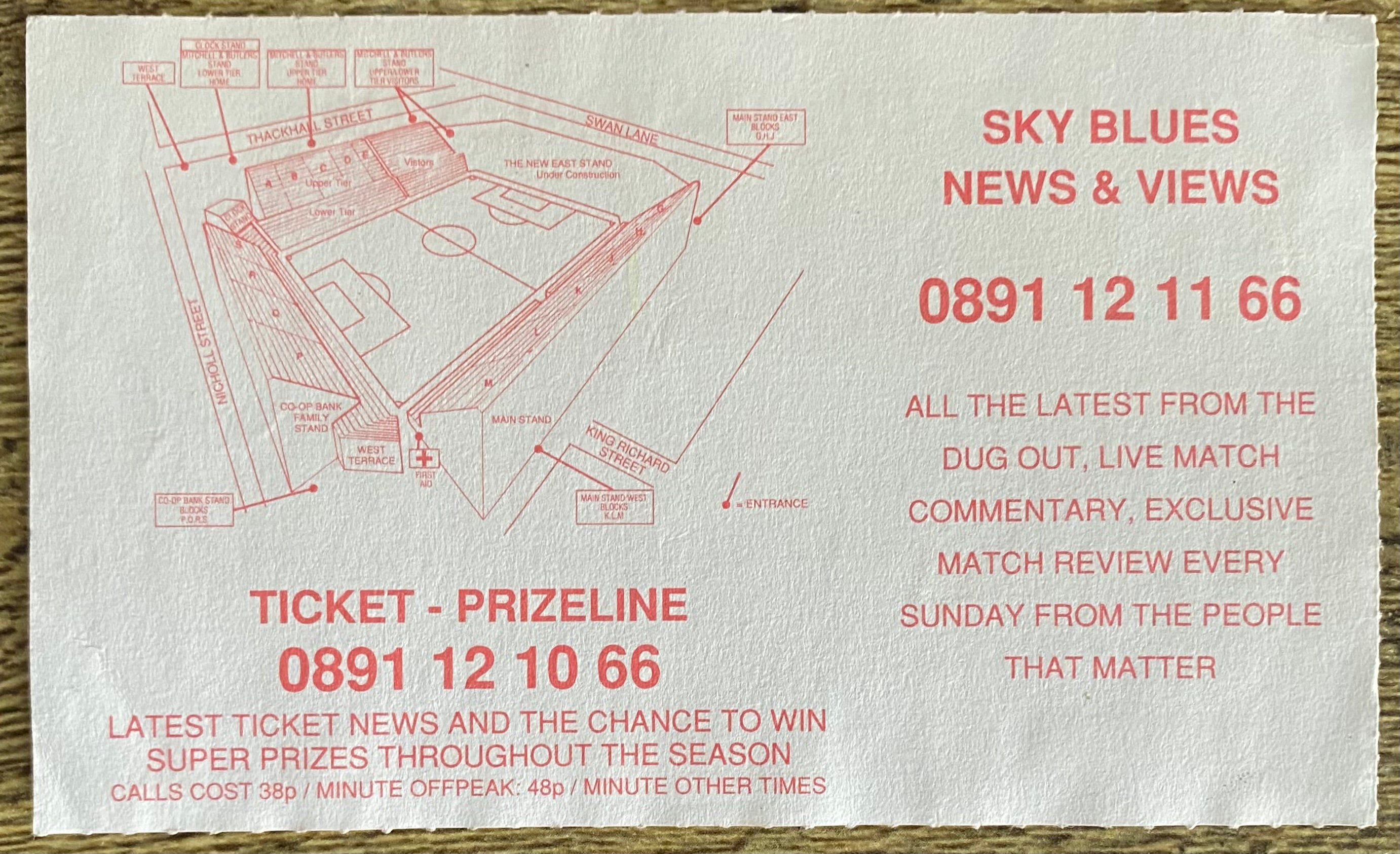 1993/94 ORIGINAL FA PREMIERSHIP TICKET COVENTRY CITY V ARSENAL