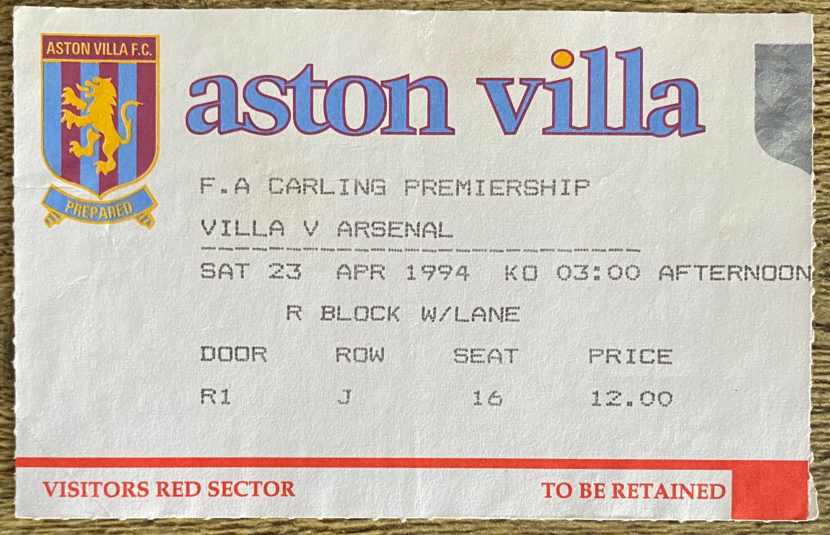 1993/94 ORIGINAL FA PREMIERSHIP TICKET ASTON VILLA V ARSENAL