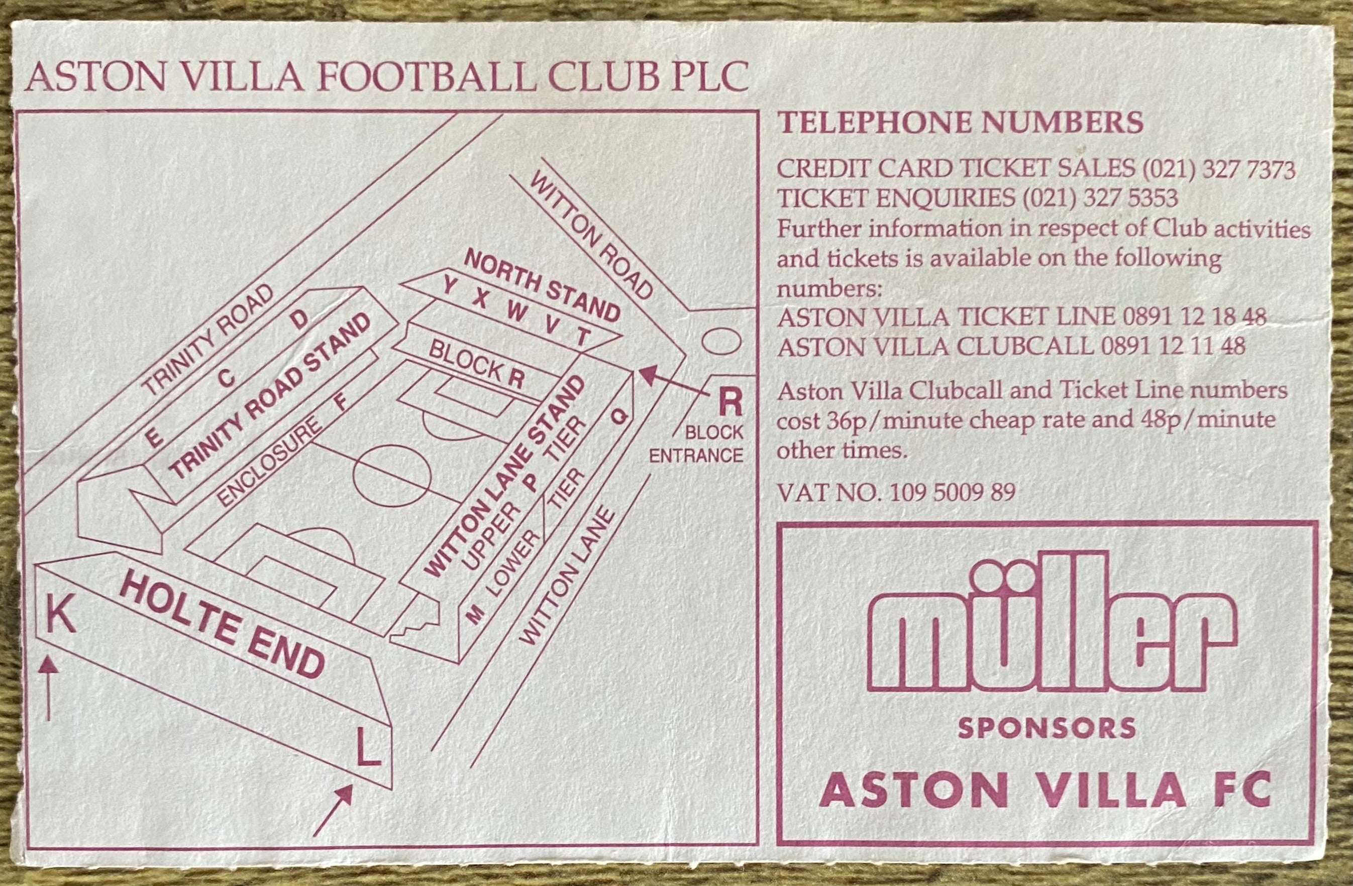 1993/94 ORIGINAL FA PREMIERSHIP TICKET ASTON VILLA V ARSENAL