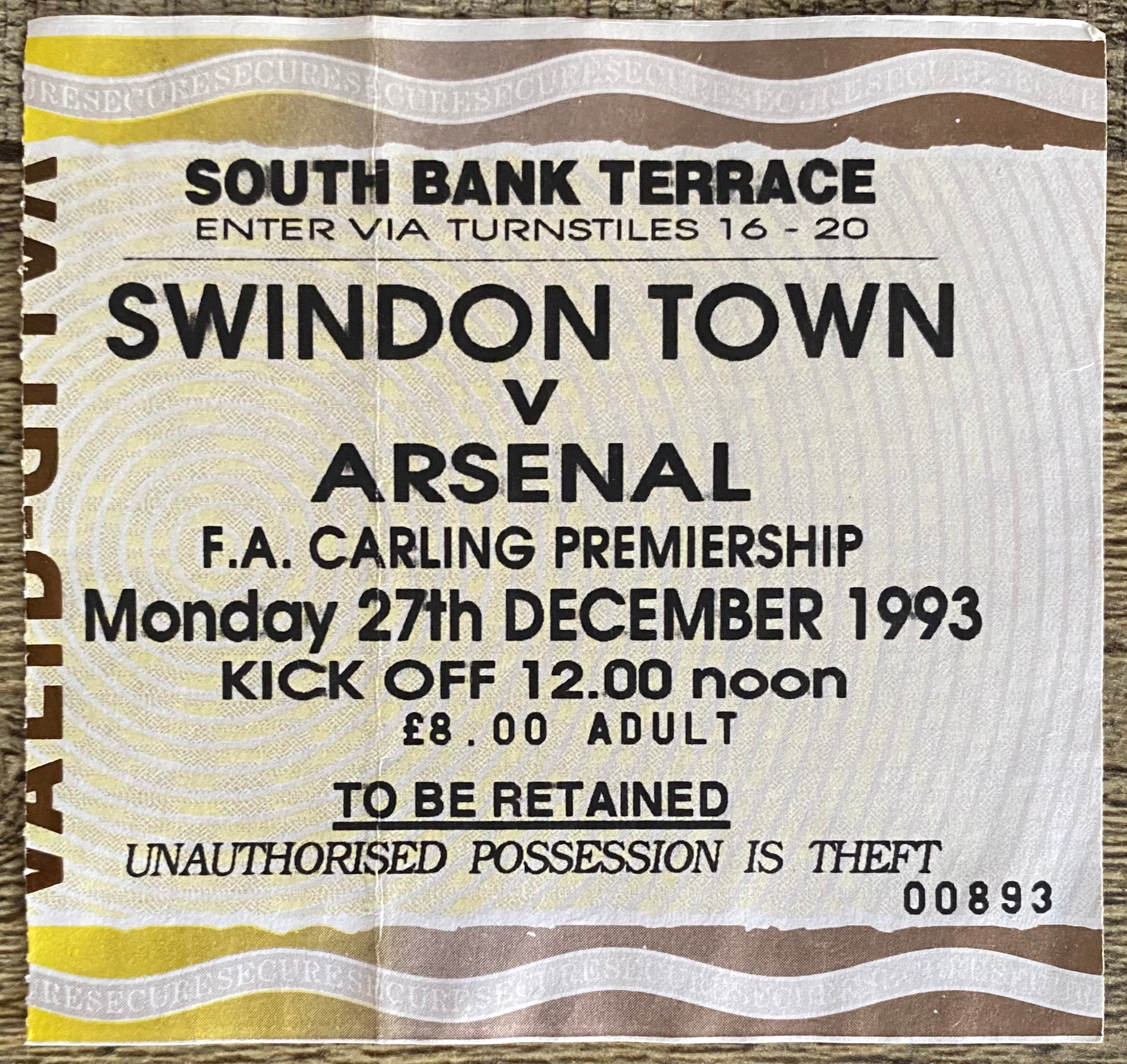 1993/94 ORIGINAL FA PREMIERSHIP TICKET SWINDON TOWN V ARSENAL