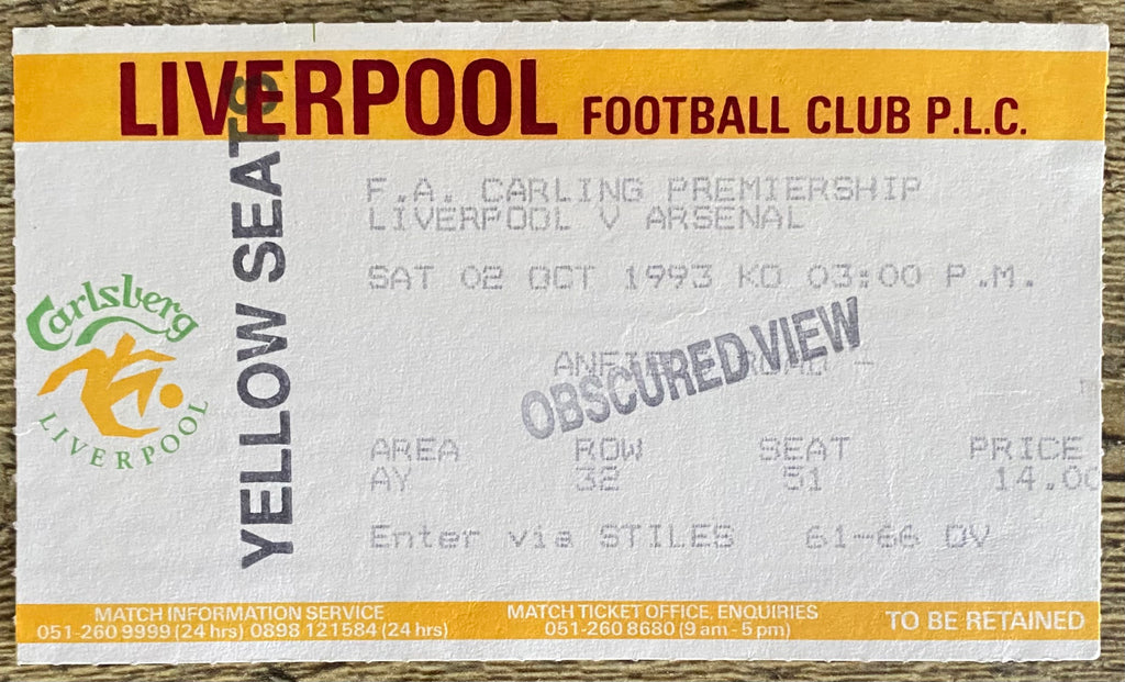 1993/94 ORIGINAL FA PREMIERSHIP TICKET LIVERPOOL V ARSENAL