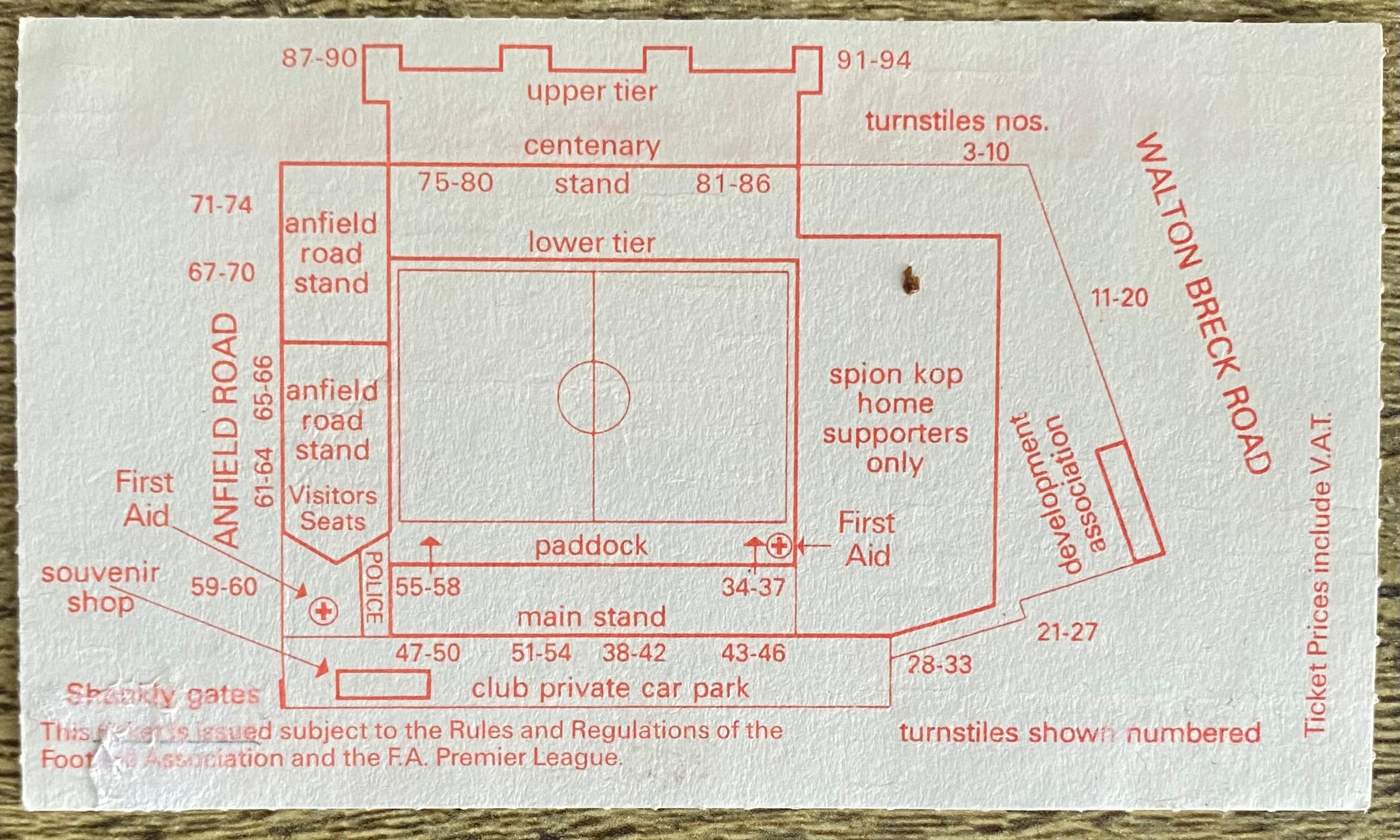 1993/94 ORIGINAL FA PREMIERSHIP TICKET LIVERPOOL V ARSENAL