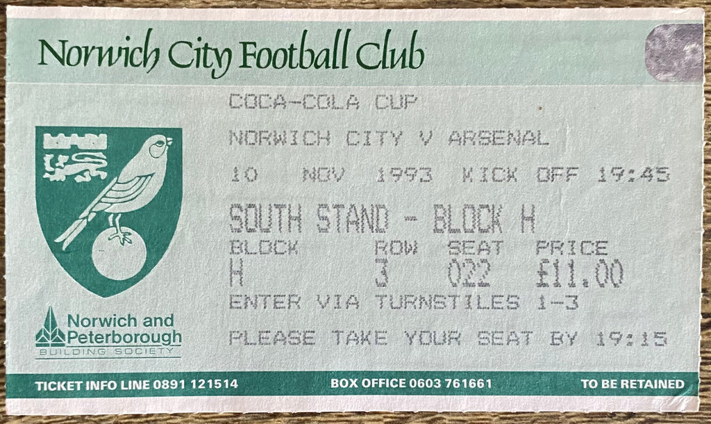 1993/94 ORIGINAL COCA COLA CUP 3RD ROUND REPLAY TICKET NORWICH CITY V ARSENAL