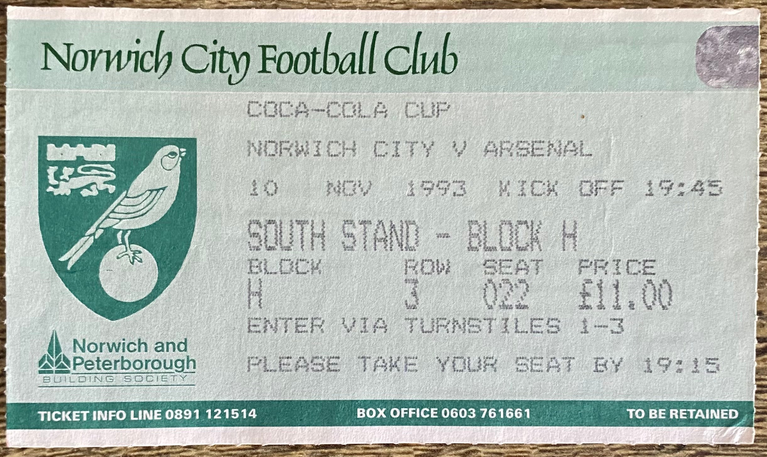 1993/94 ORIGINAL COCA COLA CUP 3RD ROUND REPLAY TICKET NORWICH CITY V ARSENAL