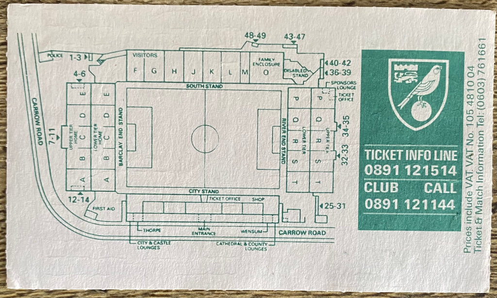 1993/94 ORIGINAL COCA COLA CUP 3RD ROUND REPLAY TICKET NORWICH CITY V ARSENAL