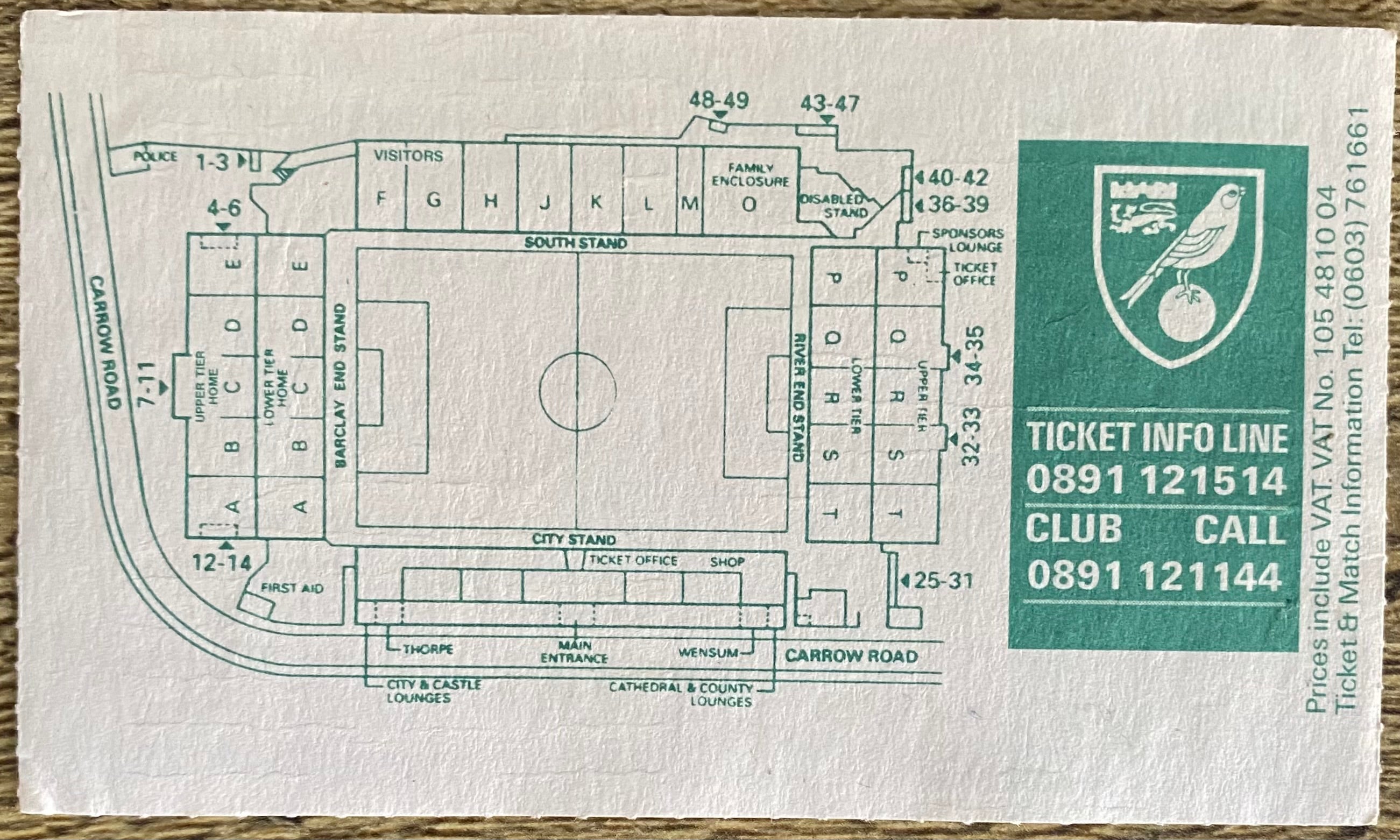 1993/94 ORIGINAL COCA COLA CUP 3RD ROUND REPLAY TICKET NORWICH CITY V ARSENAL