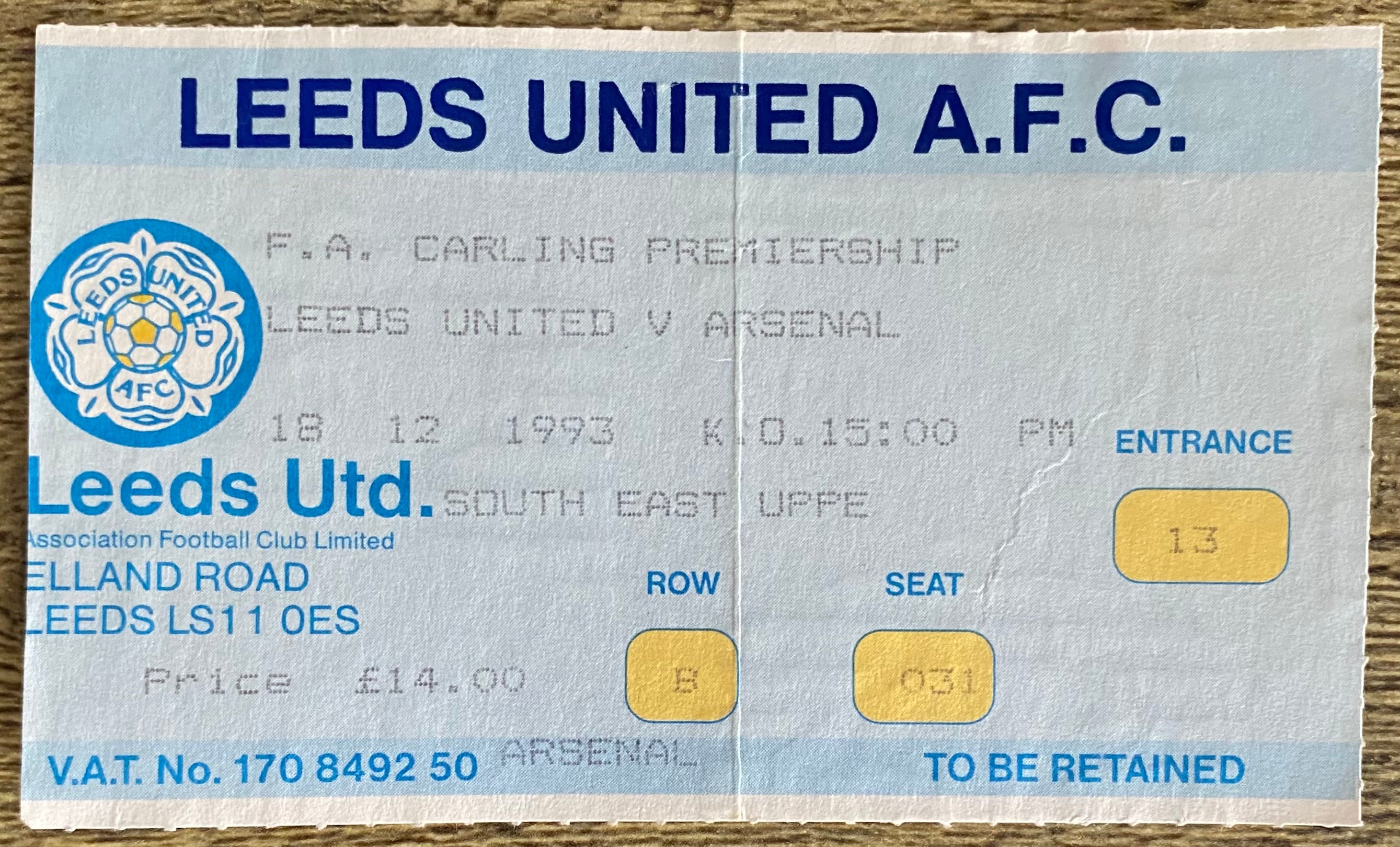 1993/94 ORIGINAL FA PREMIERSHIP TICKET LEEDS UNITED V ARSENAL