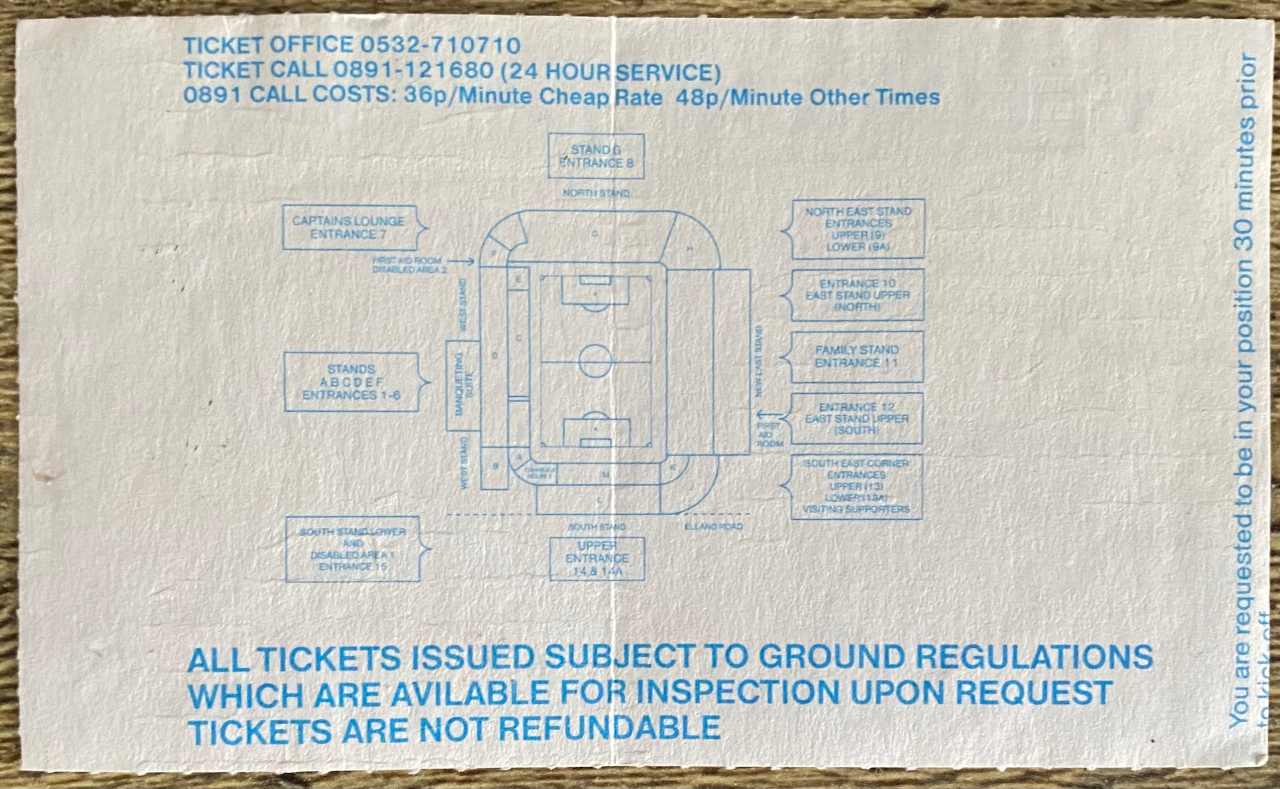 1993/94 ORIGINAL FA PREMIERSHIP TICKET LEEDS UNITED V ARSENAL