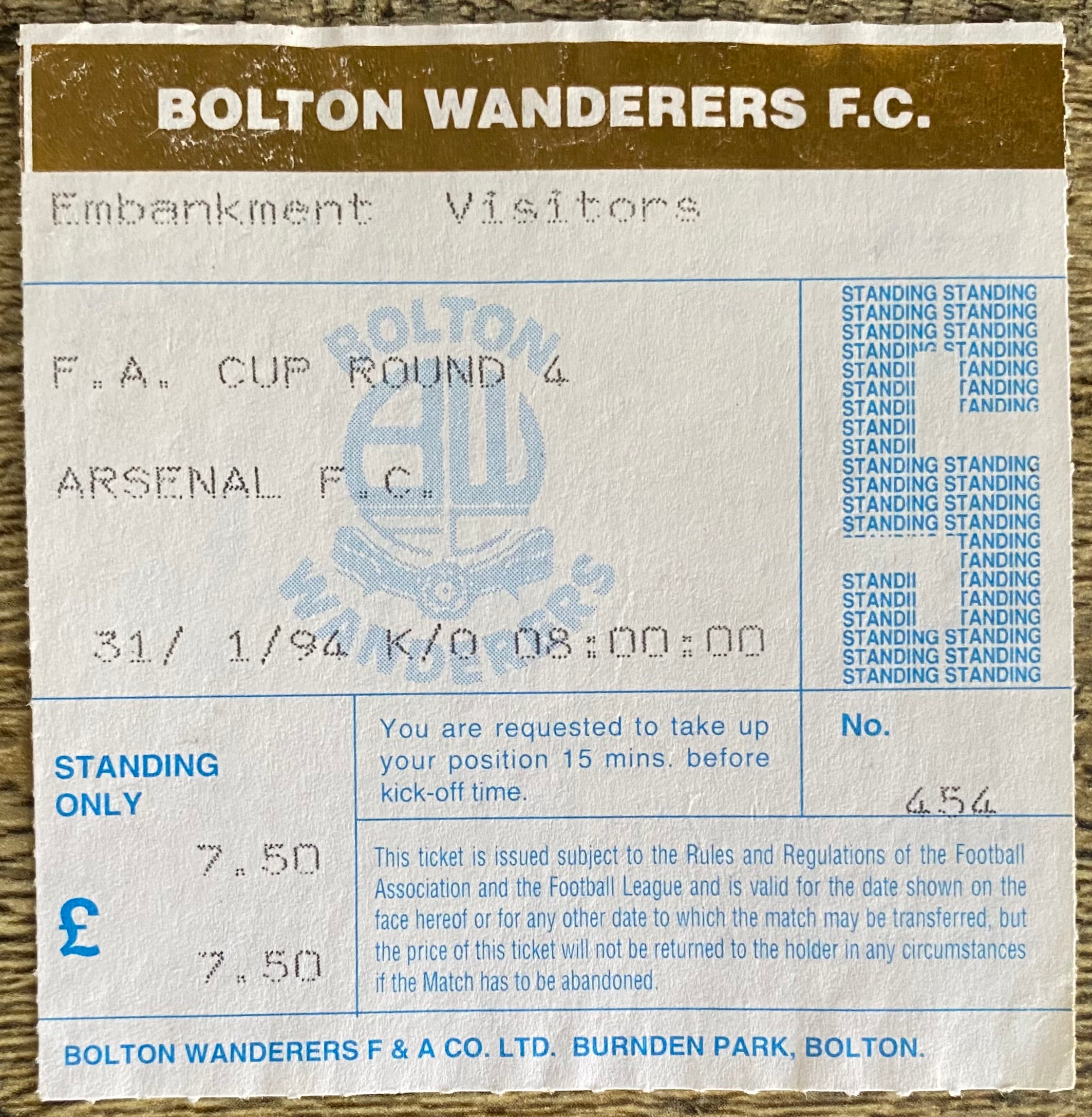 1993/94 ORIGINAL FA CUP 4TH ROUND TICKET BOLTON WANDERERS V ARSENAL