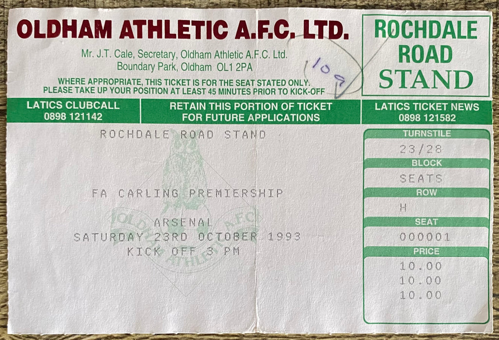 1993/94 ORIGINAL FA PREMIERSHIP TICKET OLDHAM ATHLETIC V ARSENAL