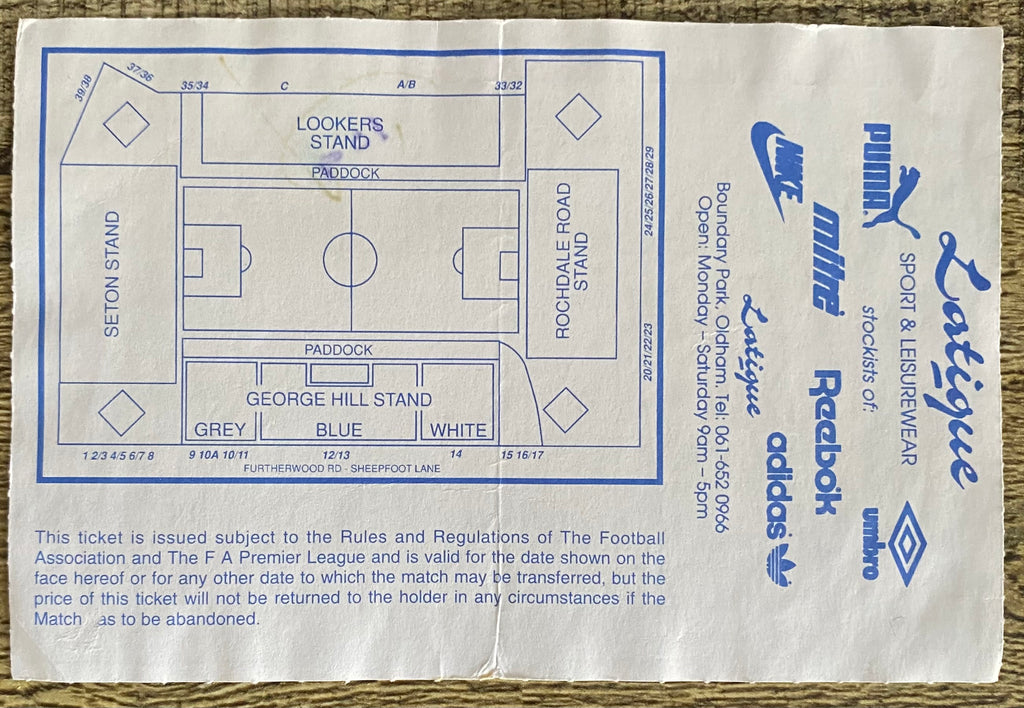1993/94 ORIGINAL FA PREMIERSHIP TICKET OLDHAM ATHLETIC V ARSENAL