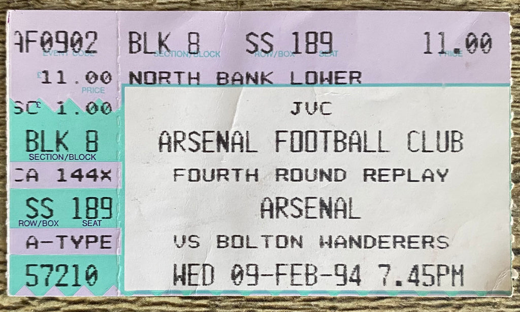 1993/94 ORIGINAL FA CUP 4TH ROUND REPLAY TICKET ARSENAL V BOLTON WANDERERS