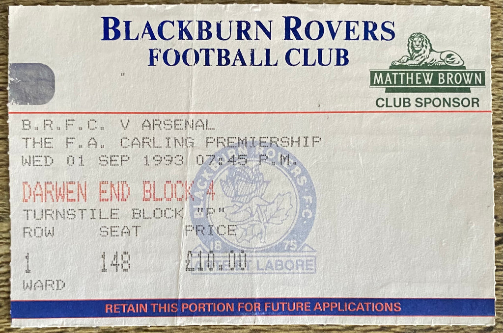1993/94 ORIGINAL FA PREMIERSHIP TICKET BLACKBURN ROVERS V ARSENAL