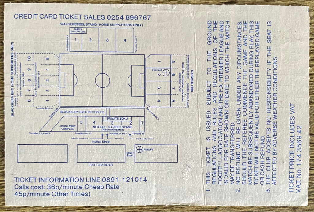 1993/94 ORIGINAL FA PREMIERSHIP TICKET BLACKBURN ROVERS V ARSENAL