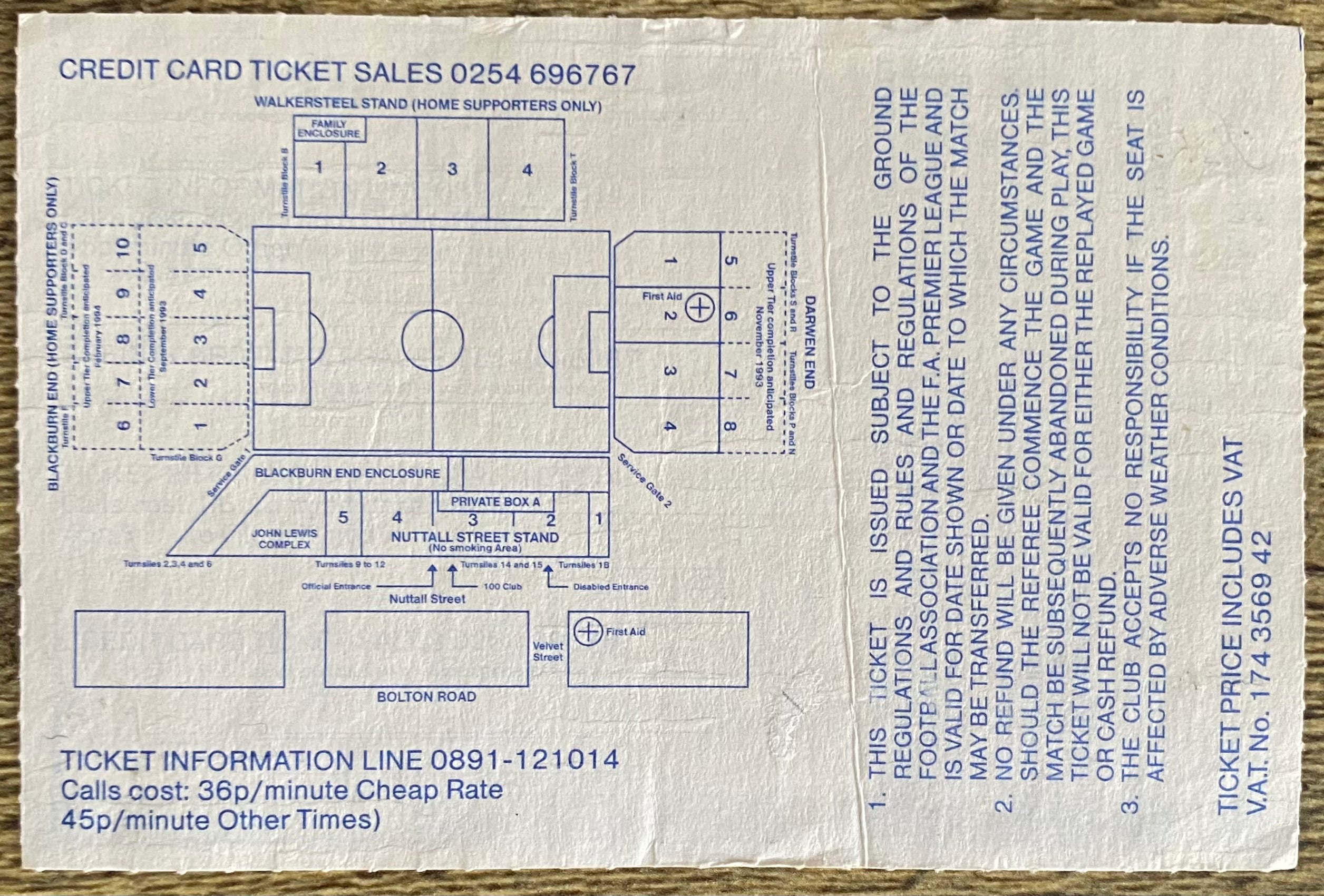 1993/94 ORIGINAL FA PREMIERSHIP TICKET BLACKBURN ROVERS V ARSENAL