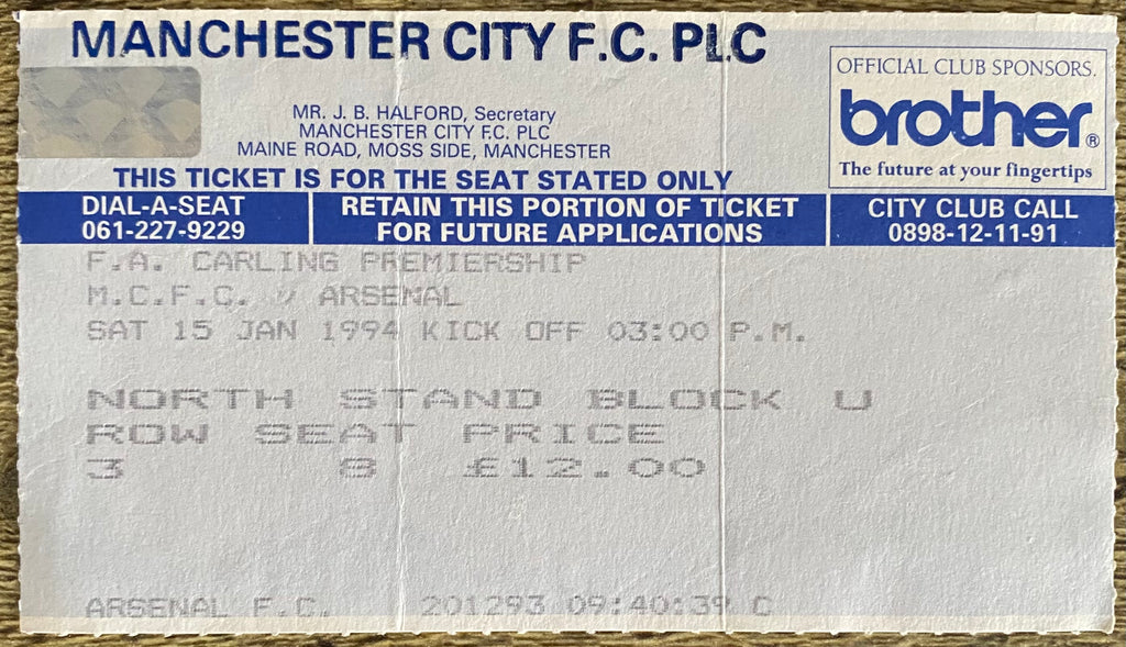 1993/94 ORIGINAL FA PREMIERSHIP TICKET MANCHESTER CITY V ARSENAL