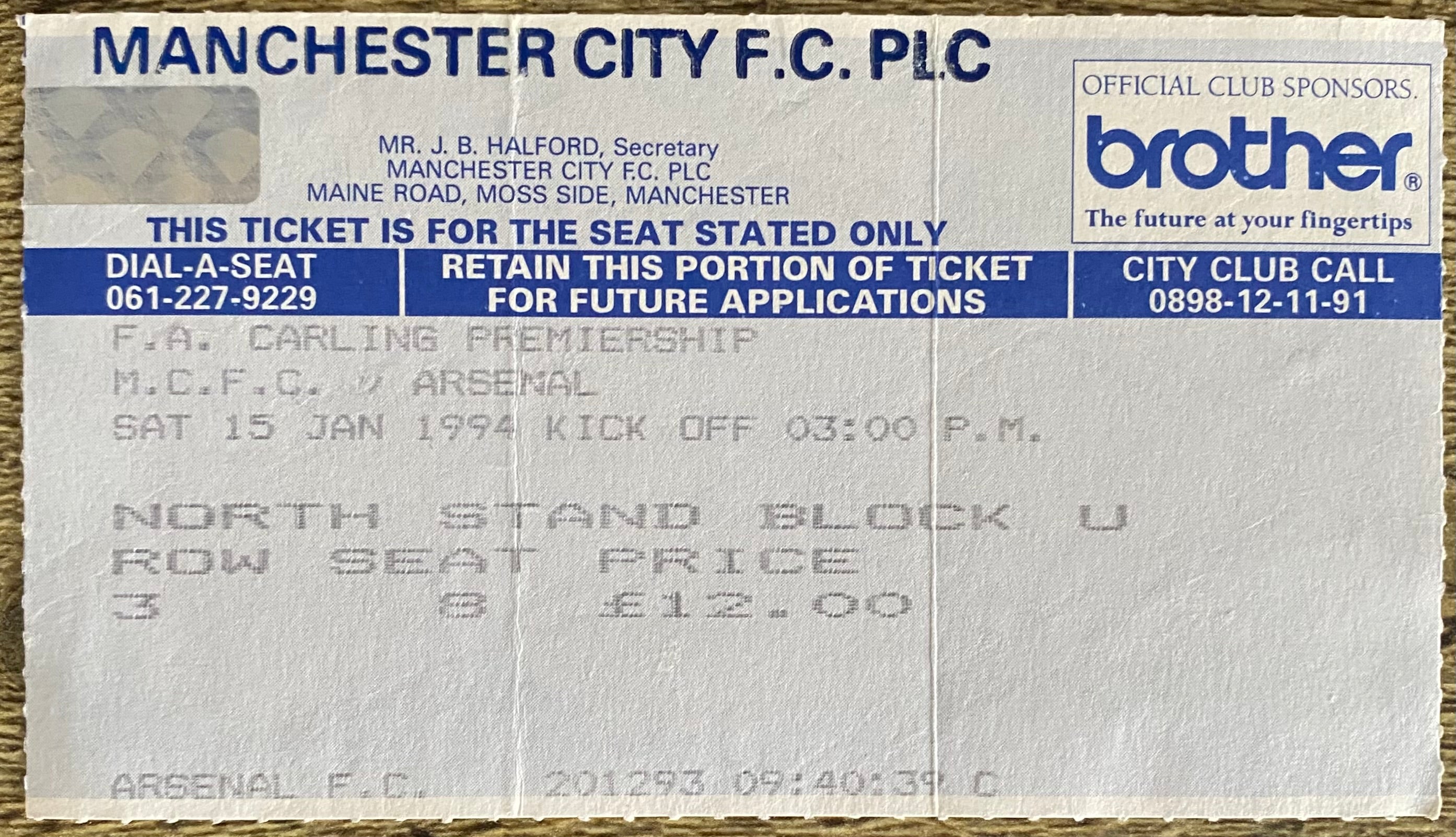 1993/94 ORIGINAL FA PREMIERSHIP TICKET MANCHESTER CITY V ARSENAL