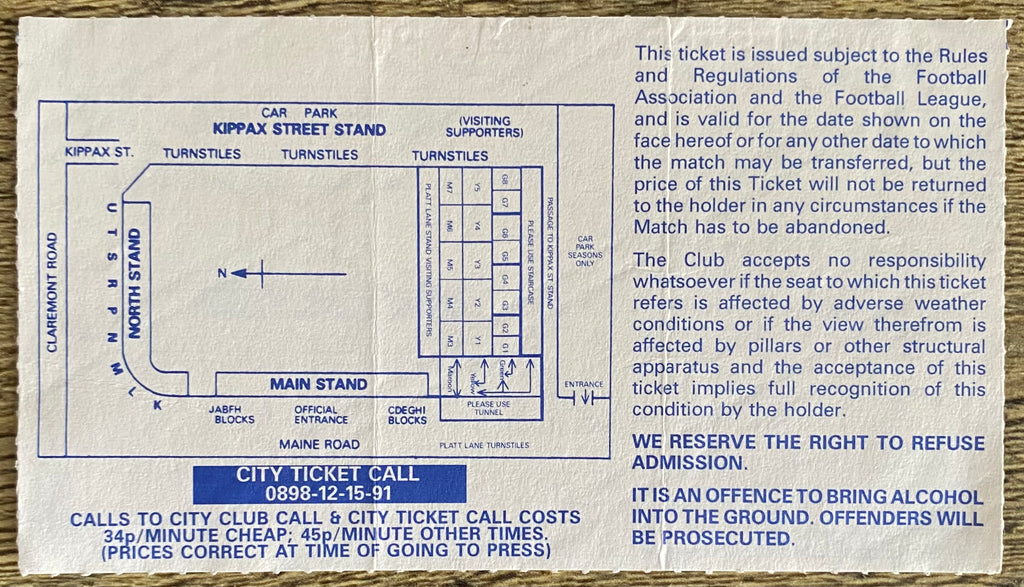 1993/94 ORIGINAL FA PREMIERSHIP TICKET MANCHESTER CITY V ARSENAL