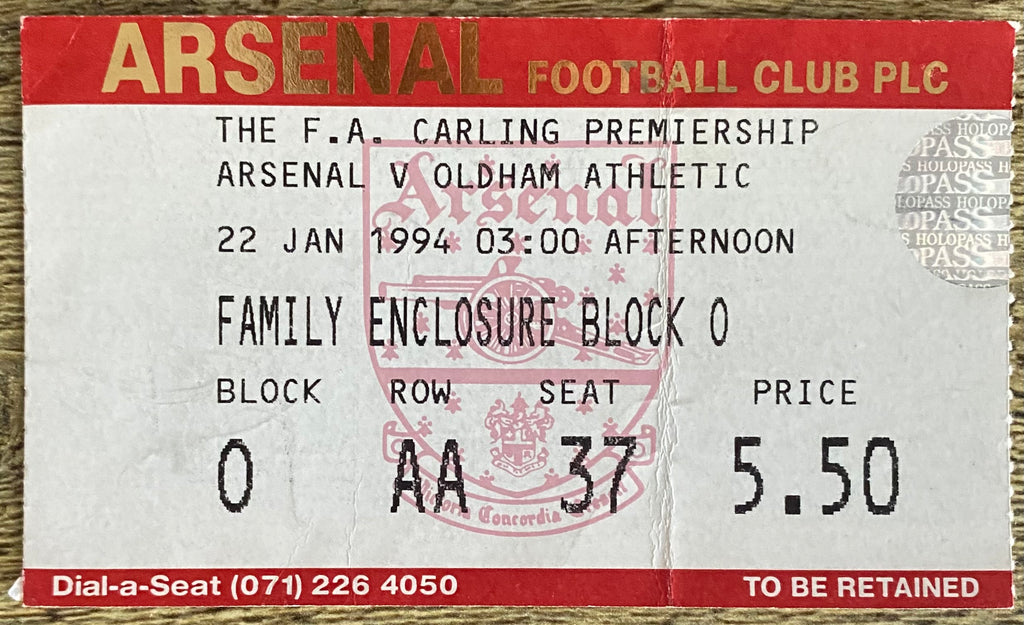1993/94 ORIGINAL FA PREMIERSHIP TICKET ARSENAL V OLDHAM ATHLETIC