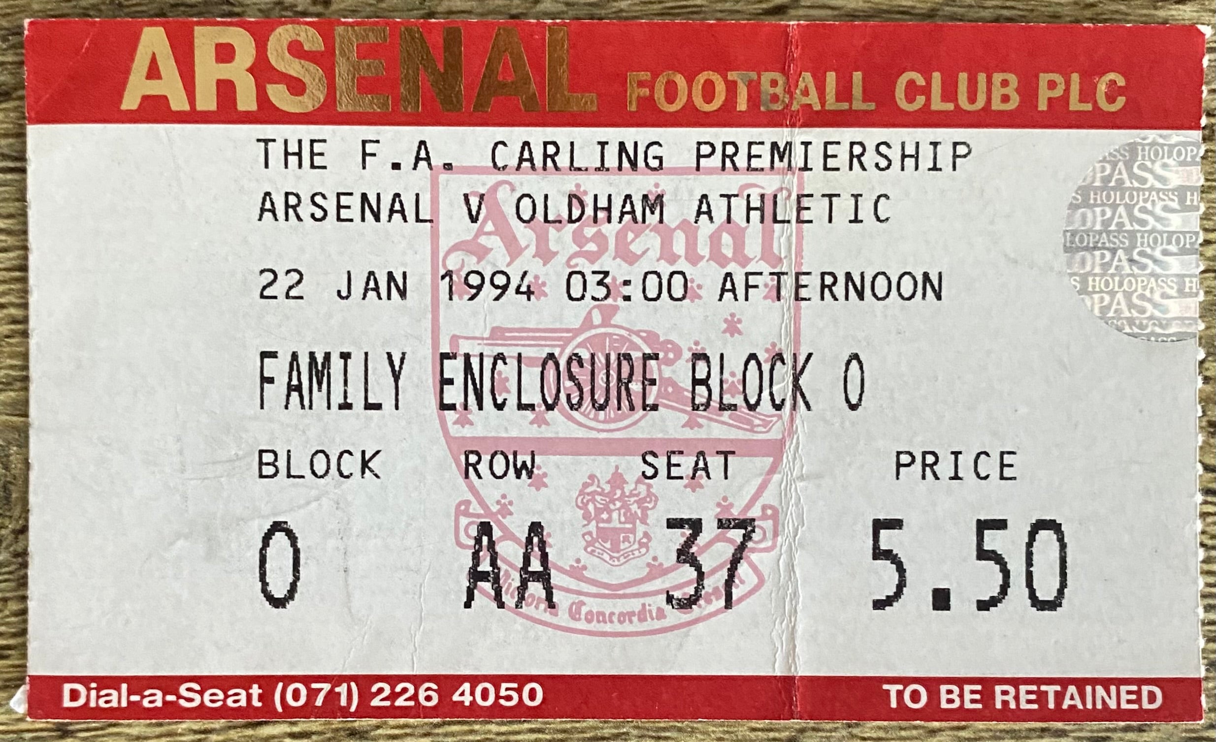 1993/94 ORIGINAL FA PREMIERSHIP TICKET ARSENAL V OLDHAM ATHLETIC