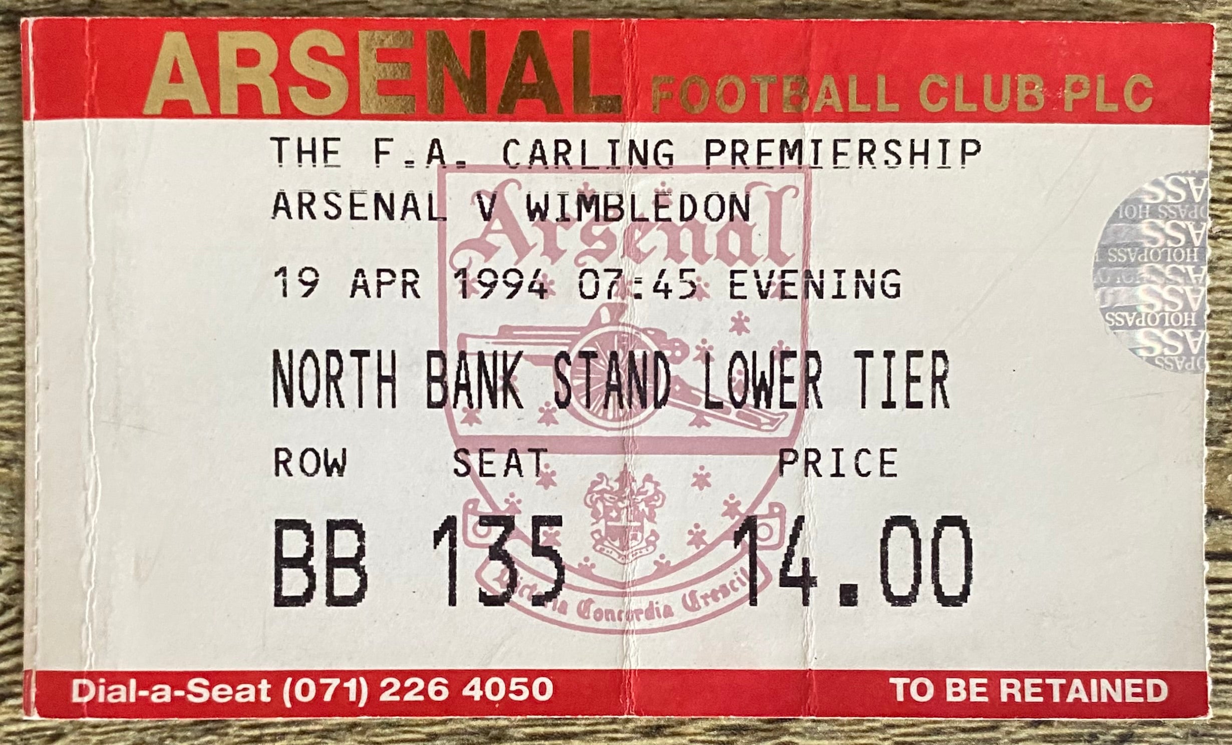 1993/94 ORIGINAL FA PREMIERSHIP TICKET ARSENAL V WIMBLEDON