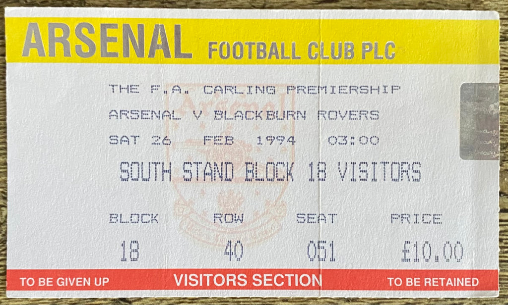 1993/94 ORIGINAL FA PREMIERSHIP TICKET ARSENAL V BLACKBURN ROVERS