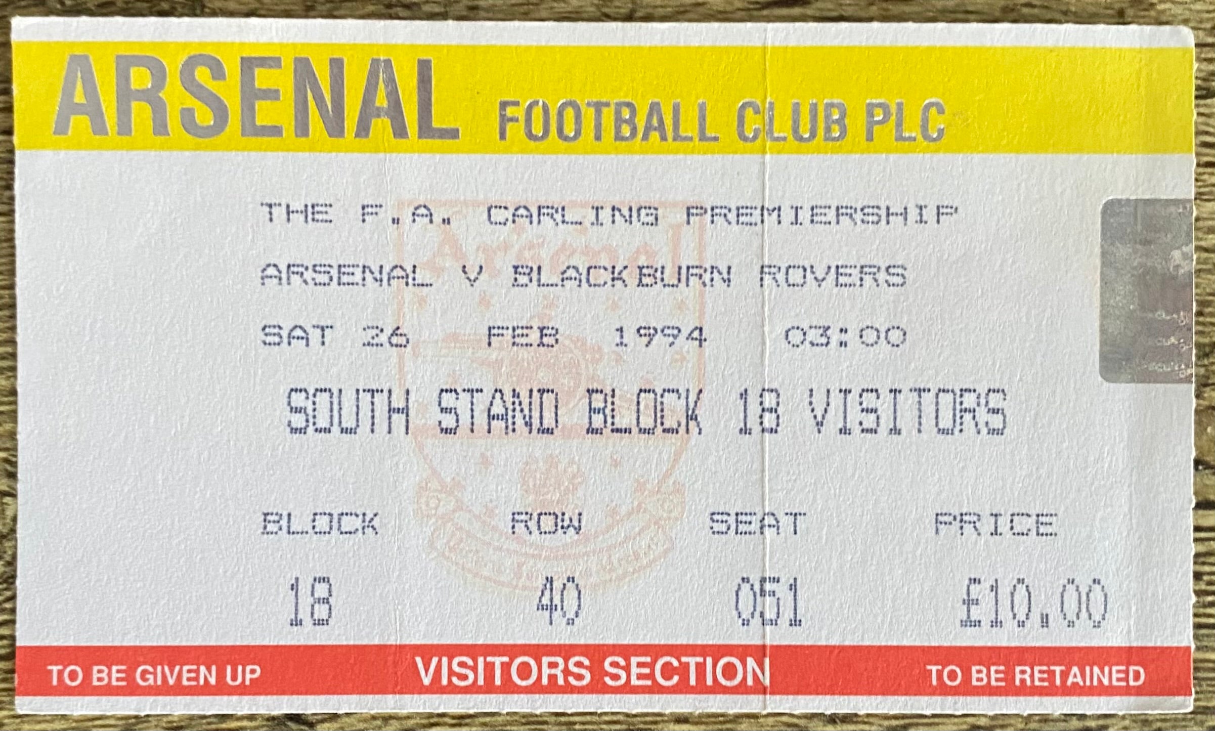 1993/94 ORIGINAL FA PREMIERSHIP TICKET ARSENAL V BLACKBURN ROVERS