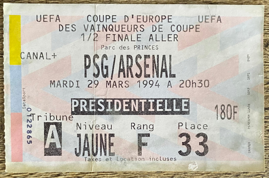 1993/94 ORIGINAL EUROPEAN CUP WINNERS CUP SEMI FINAL 1ST LEG TICKET PARIS ST GERMAIN V ARSENAL