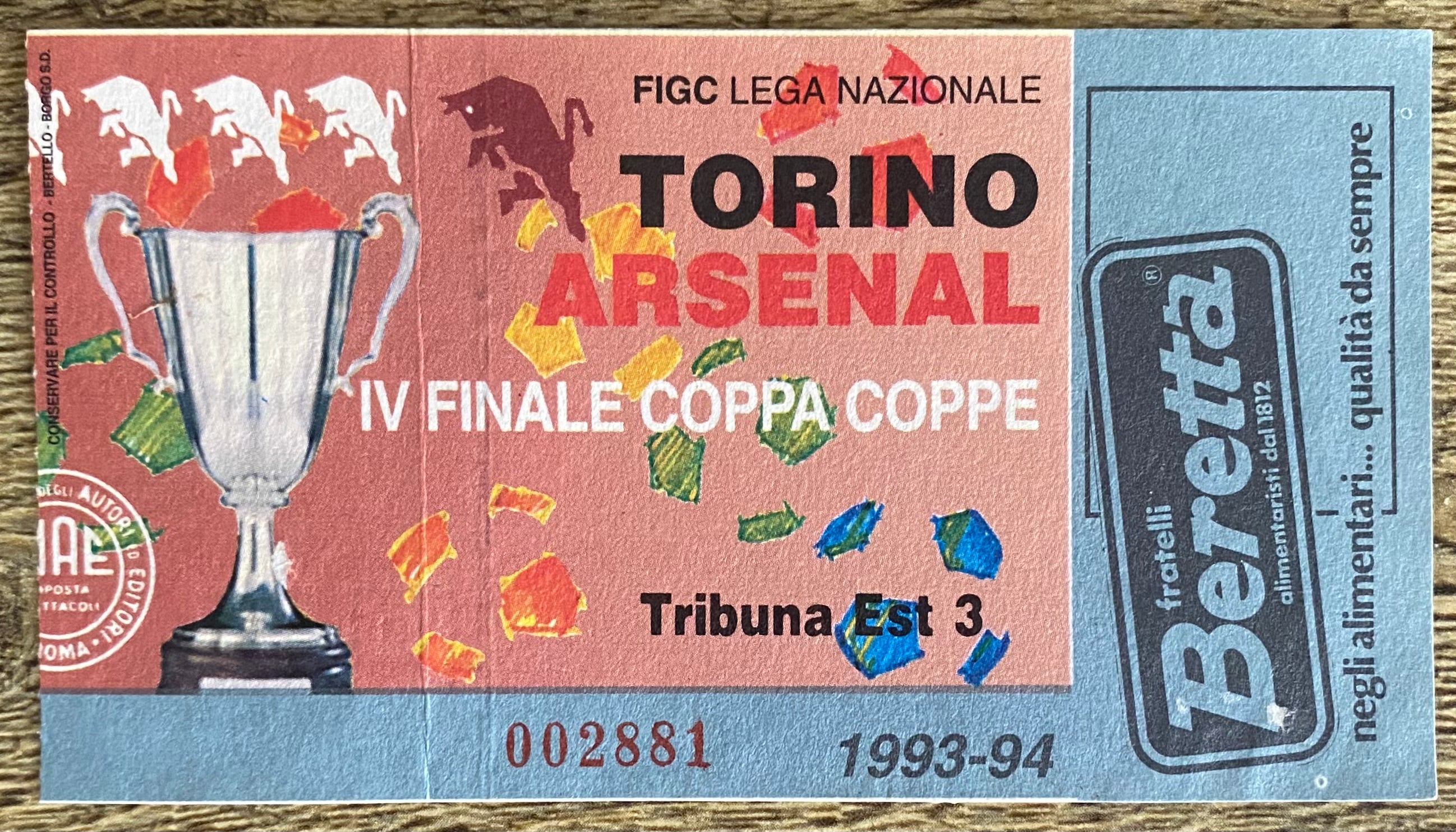 1993/94 ORIGINAL EUROPEAN CUP WINNERS CUP QUARTER FINAL 1ST LEG TICKET TORINO V ARSENAL