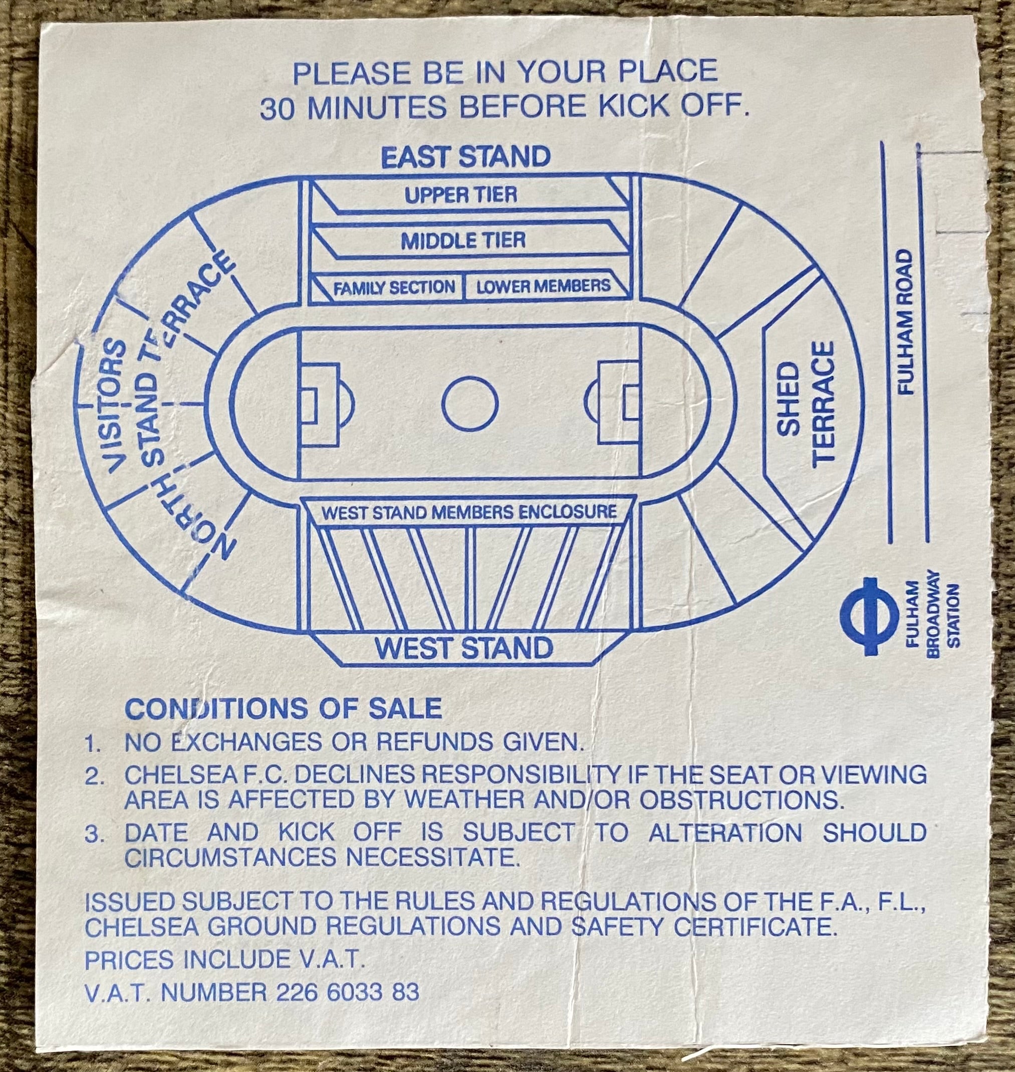 1990/91 ORIGINAL DIVISION ONE TICKET CHELSEA V ARSENAL