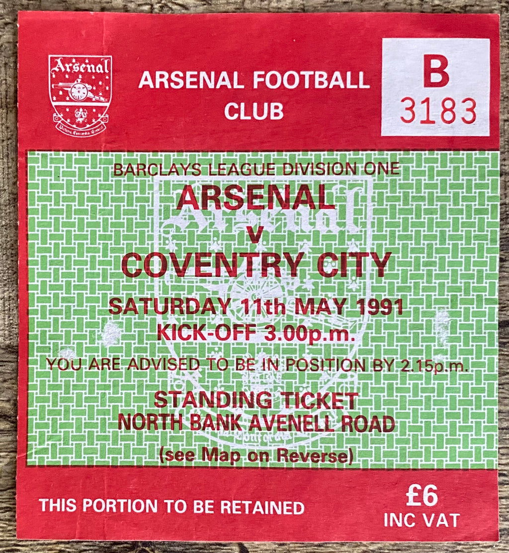 1990/91 ORIGINAL DIVISION ONE TICKET ARSENAL V COVENTRY CITY