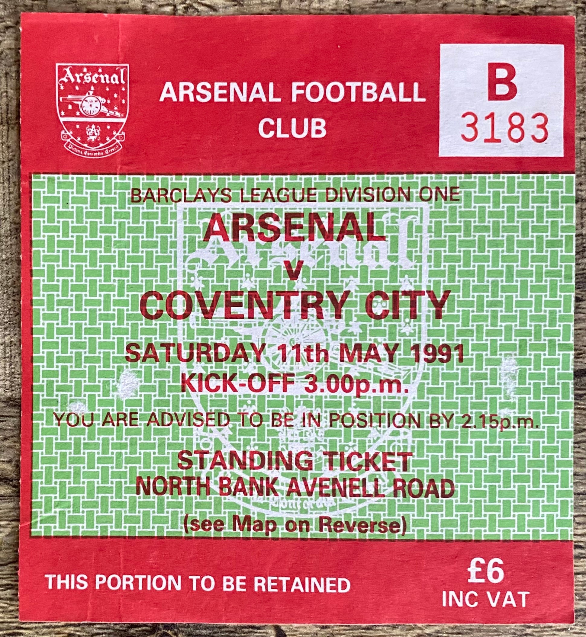 1990/91 ORIGINAL DIVISION ONE TICKET ARSENAL V COVENTRY CITY