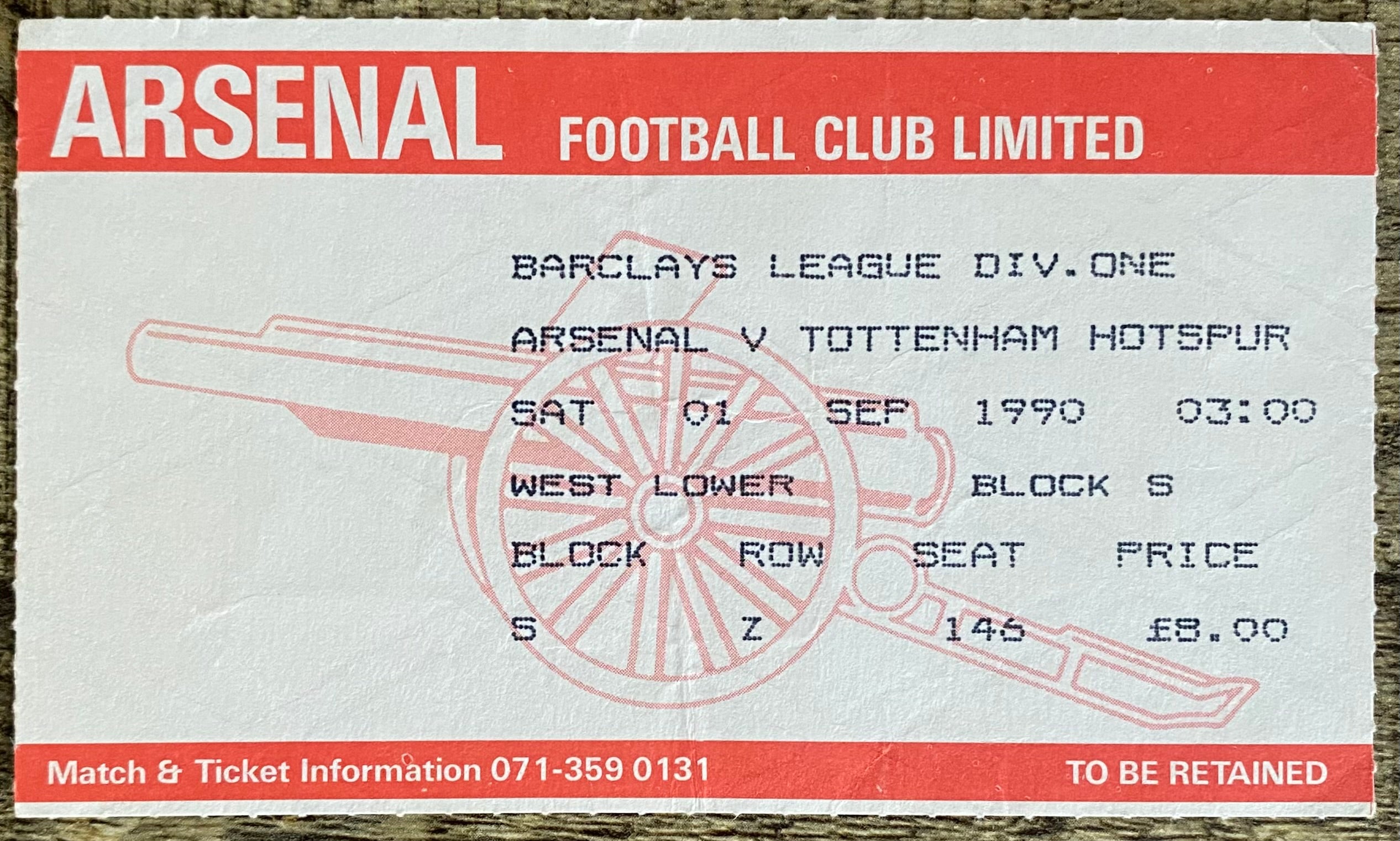 1990/91 ORIGINAL DIVISION ONE TICKET ARSENAL V TOTTENHAM HOTSPUR