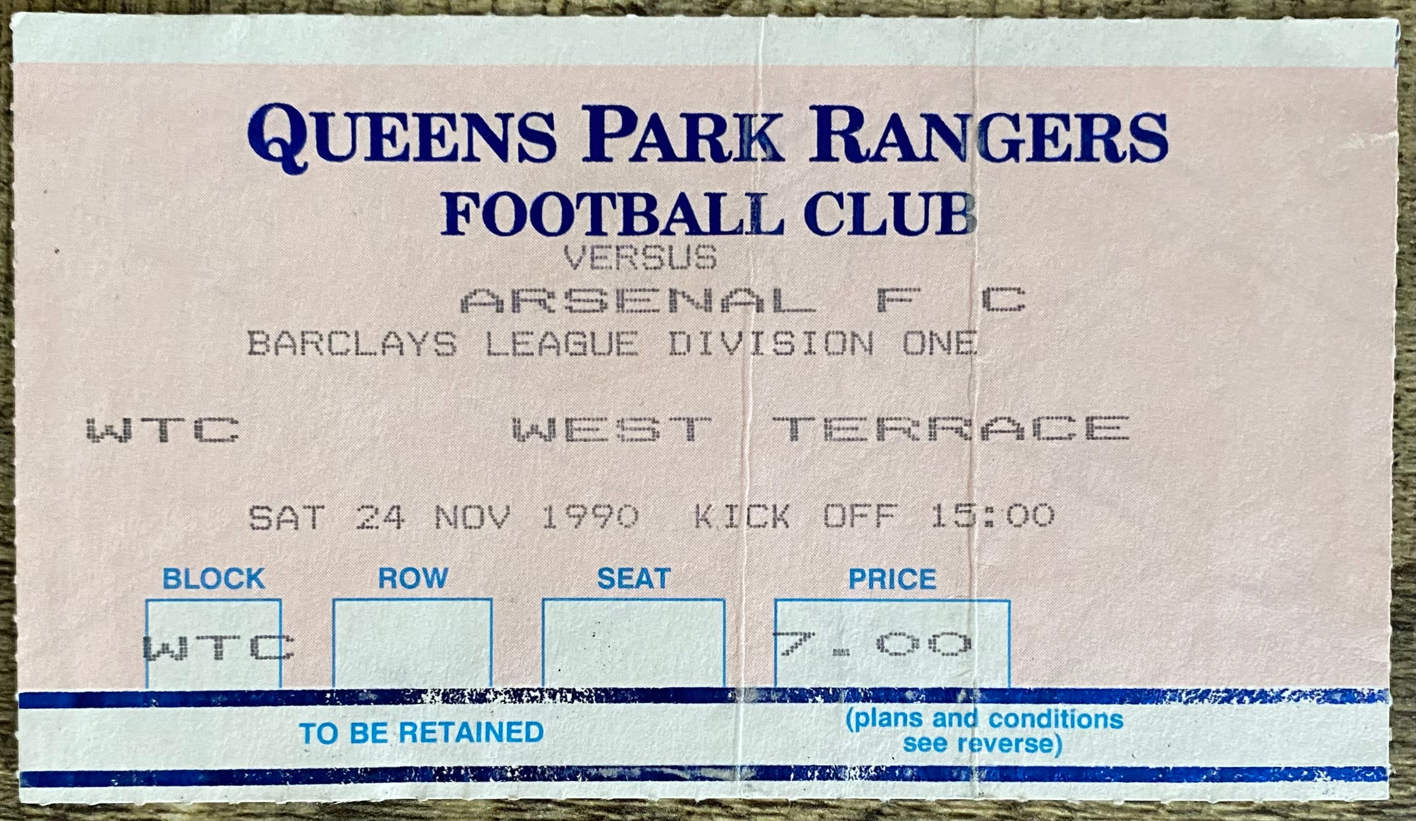 1990/91 ORIGINAL DIVISION ONE TICKET QUEENS PARK RANGERS V ARSENAL