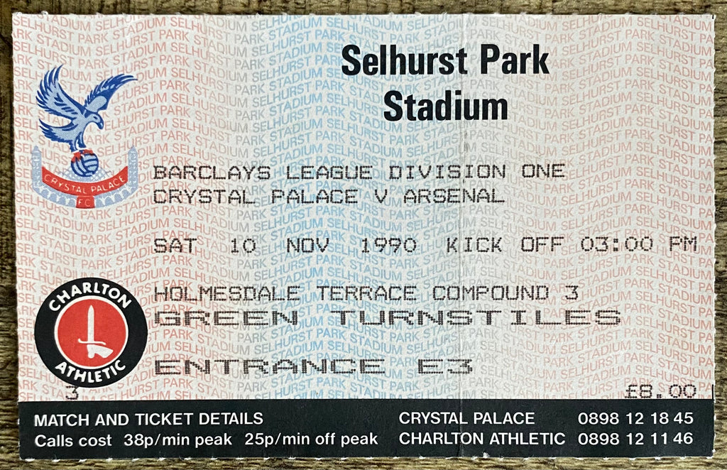 1990/91 ORIGINAL DIVISION ONE TICKET CRYSTAL PALACE V ARSENAL