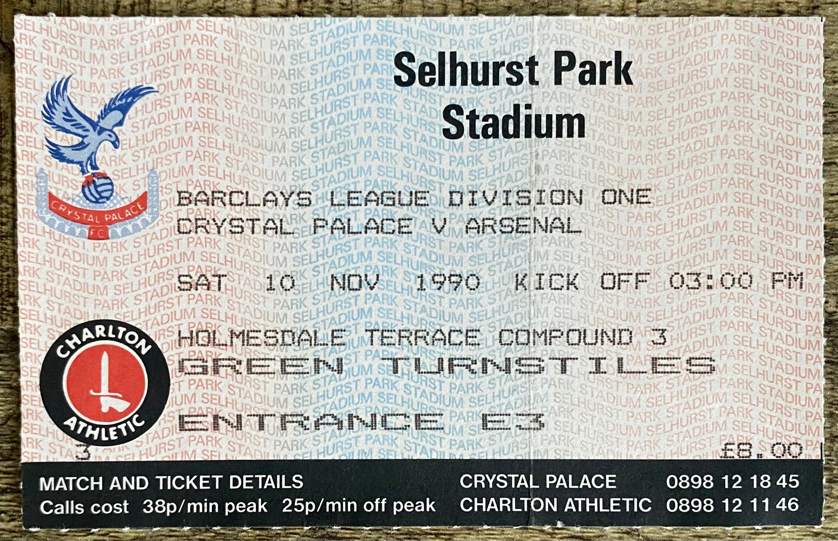 1990/91 ORIGINAL DIVISION ONE TICKET CRYSTAL PALACE V ARSENAL