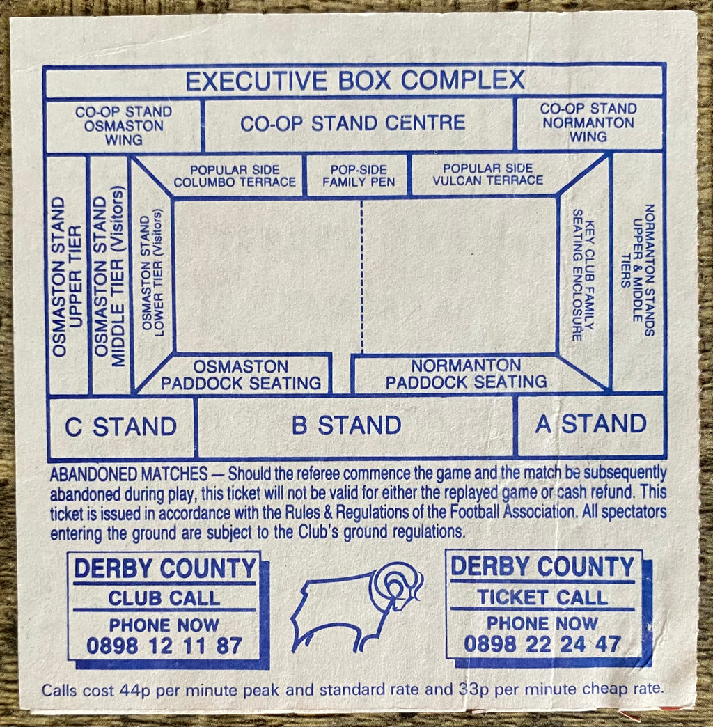 1990/91 ORIGINAL DIVISION ONE TICKET DERBY COUNTY V ARSENAL