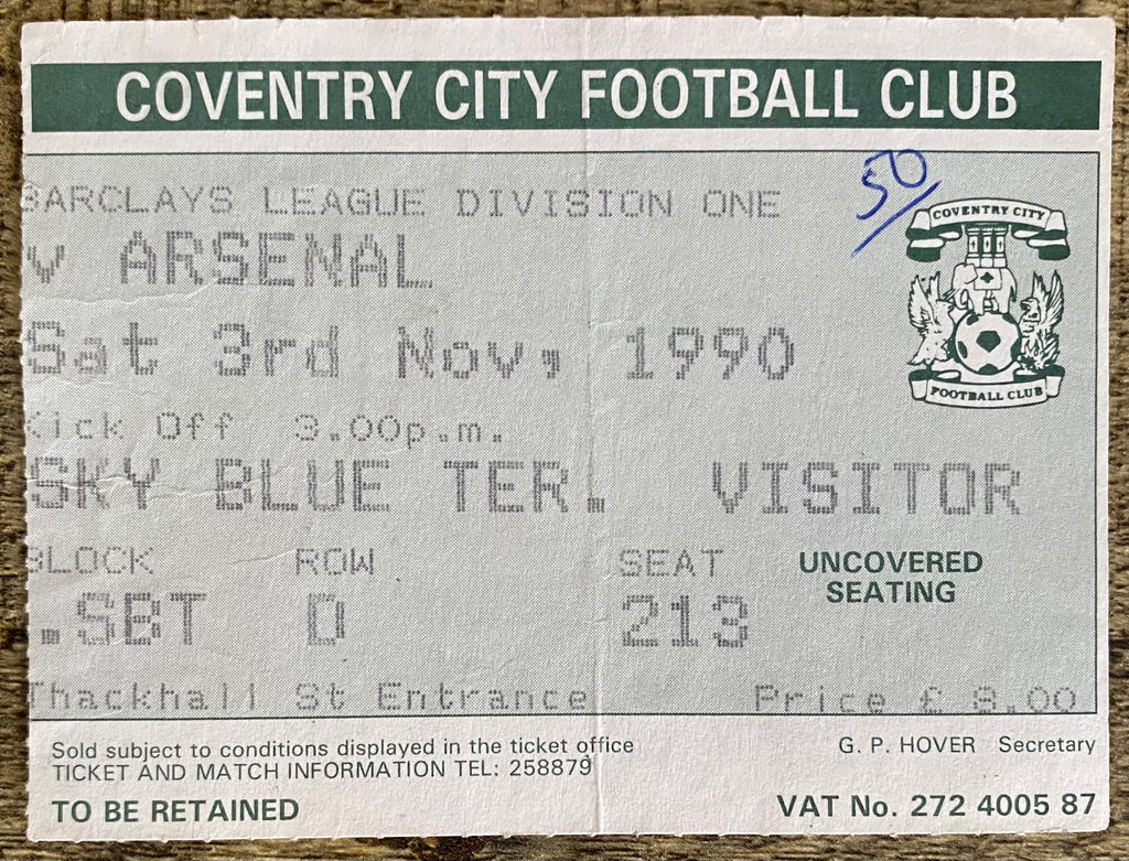 1990/91 ORIGINAL DIVISION ONE TICKET COVENTRY CITY V ARSENAL