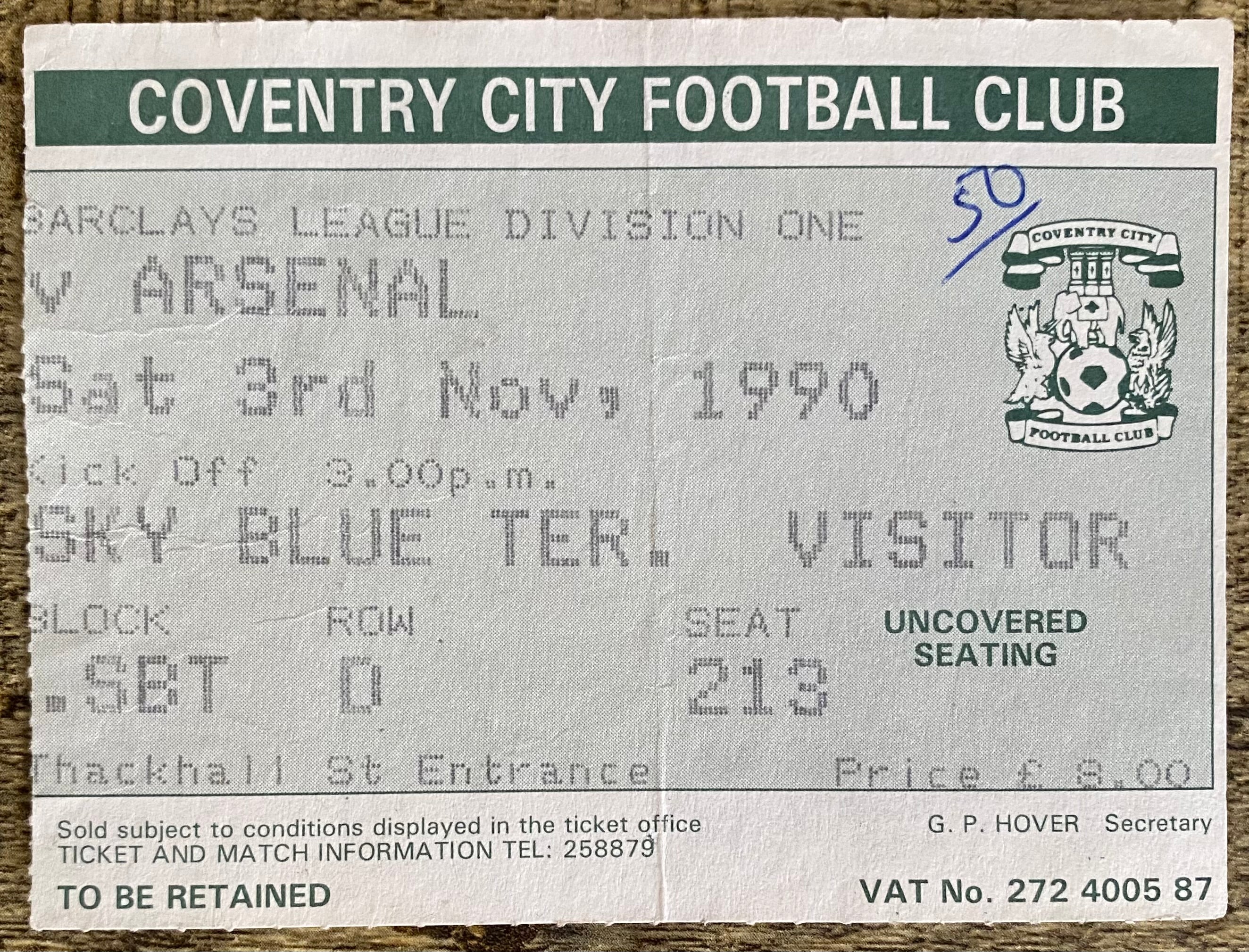 1990/91 ORIGINAL DIVISION ONE TICKET COVENTRY CITY V ARSENAL