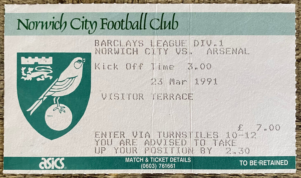1990/91 ORIGINAL DIVISION ONE TICKET NORWICH CITY V ARSENAL