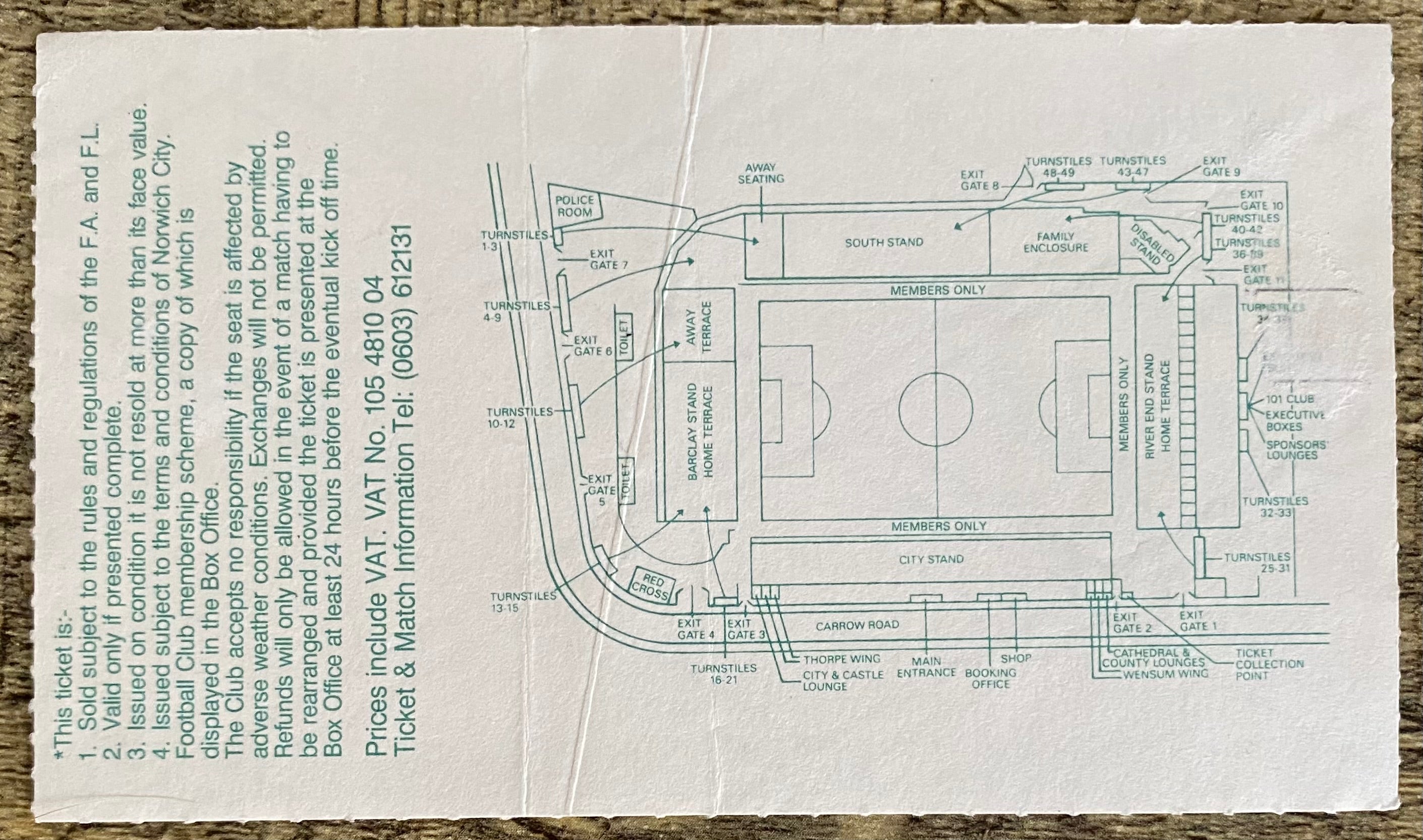 1990/91 ORIGINAL DIVISION ONE TICKET NORWICH CITY V ARSENAL