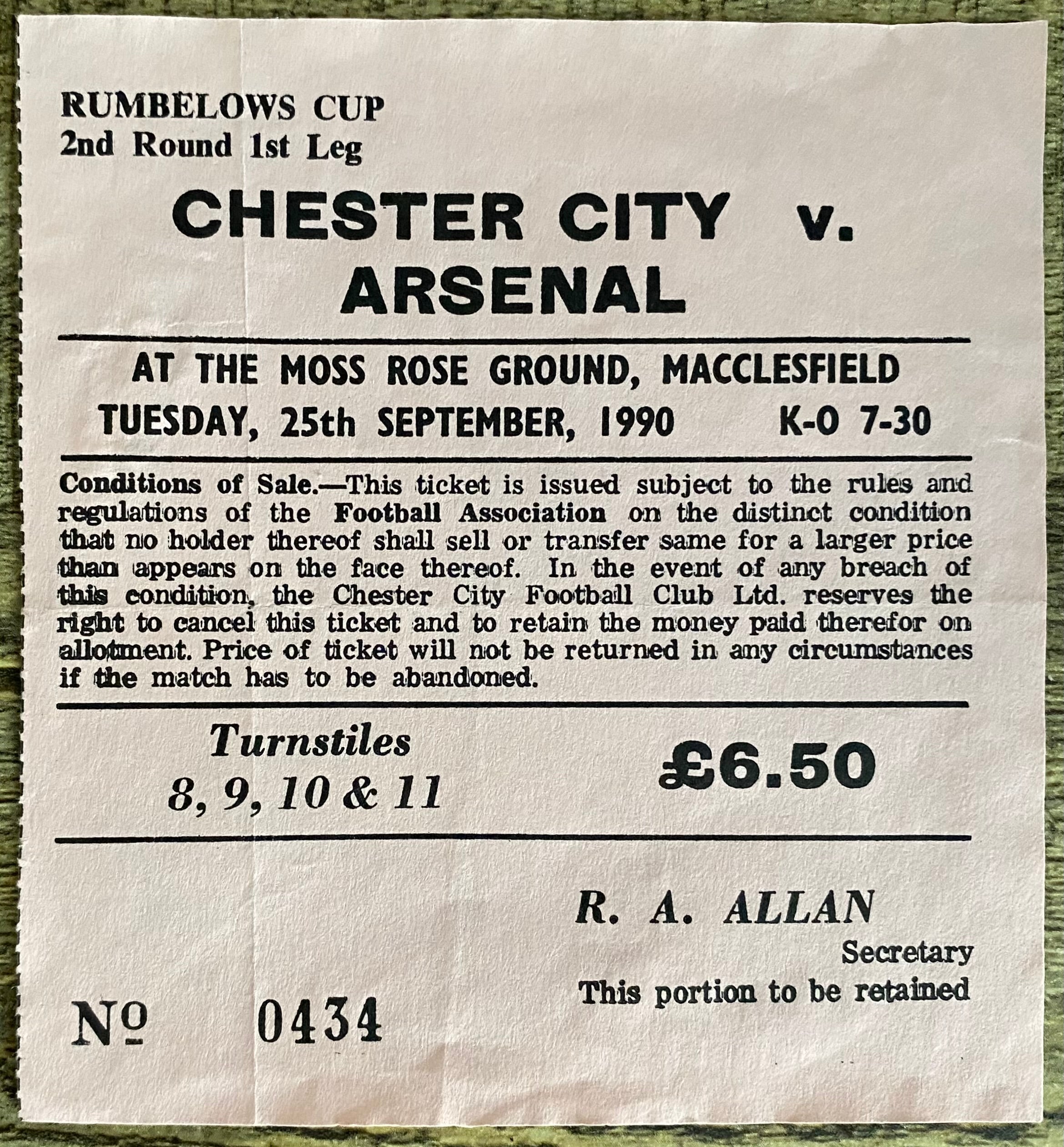 1990/91 ORIGINAL RUMBELOWS CUP 2ND ROUND 1ST LEG TICKET CHESTER CITY V ARSENAL