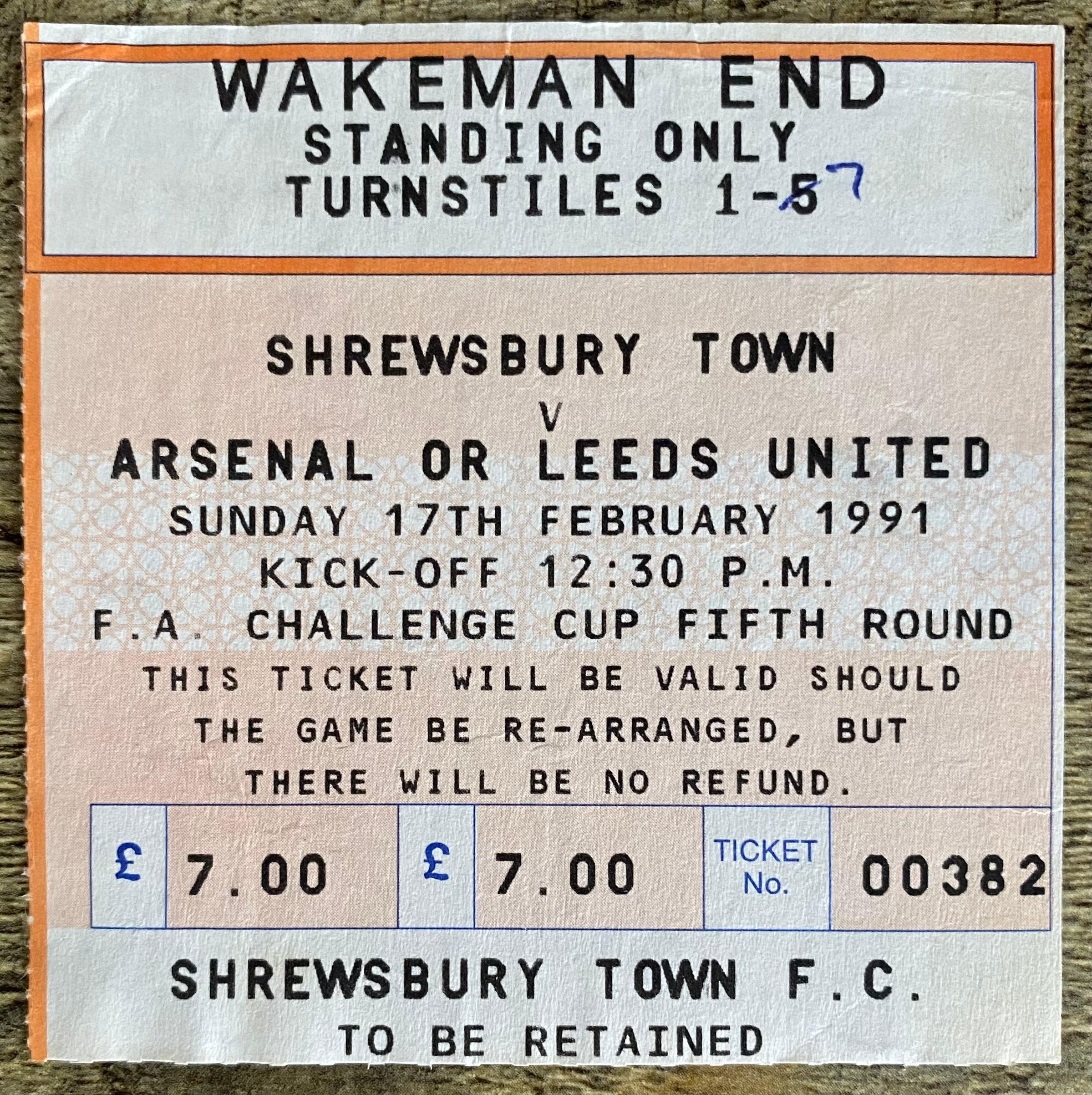 1990/91 ORIGINAL FA CUP 5TH ROUND TICKET SHREWSBURY TOWN V ARSENAL