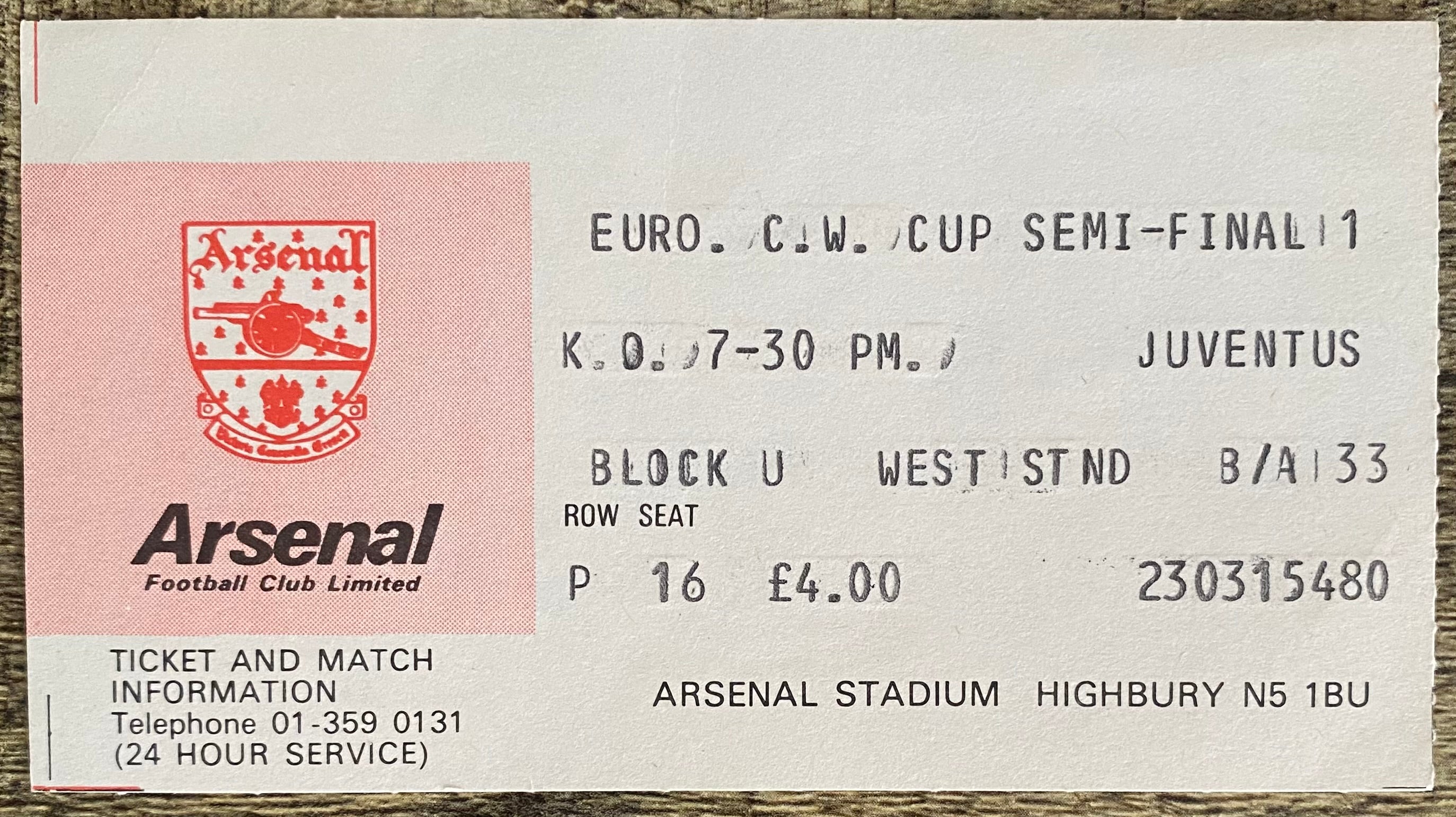 1979/80 ORIGINAL EUROPEAN CUP WINNERS CUP SEMI FINAL 1ST LEG TICKET ARSENAL V JUVENTUS