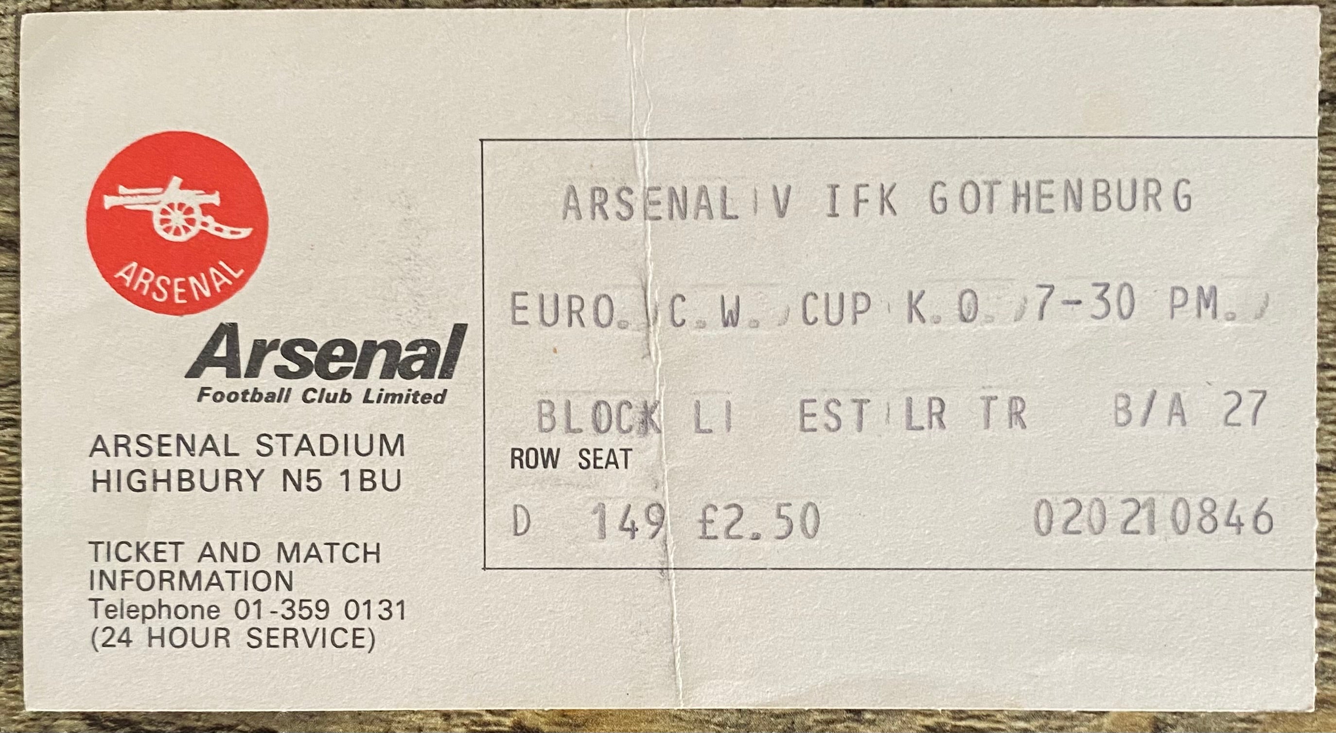 1979/80 ORIGINAL EUROPEAN CUP WINNERS CUP 3RD ROUND 1ST LEG TICKET ARSENAL V IFK GOTHENBURG