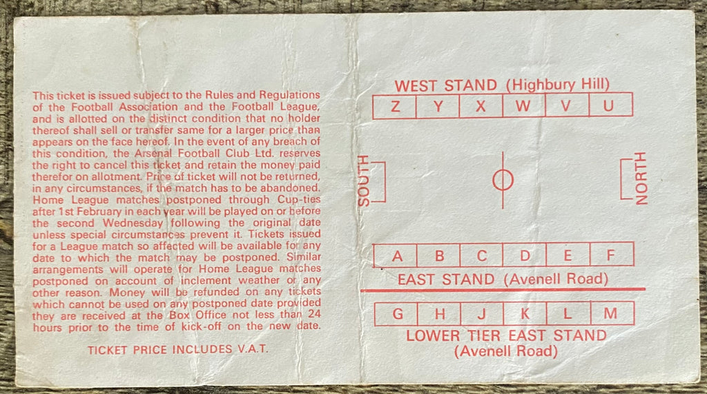 1979/80 ORIGINAL DIVISION ONE TICKET ARSENAL V WOLVERHAMPTON WANDERERS