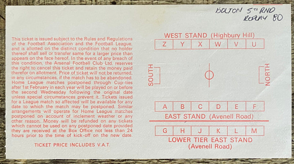 1979/80 ORIGINAL FA CUP 5TH ROUND REPLAY TICKET ARSENAL V BOLTON WANDERERS