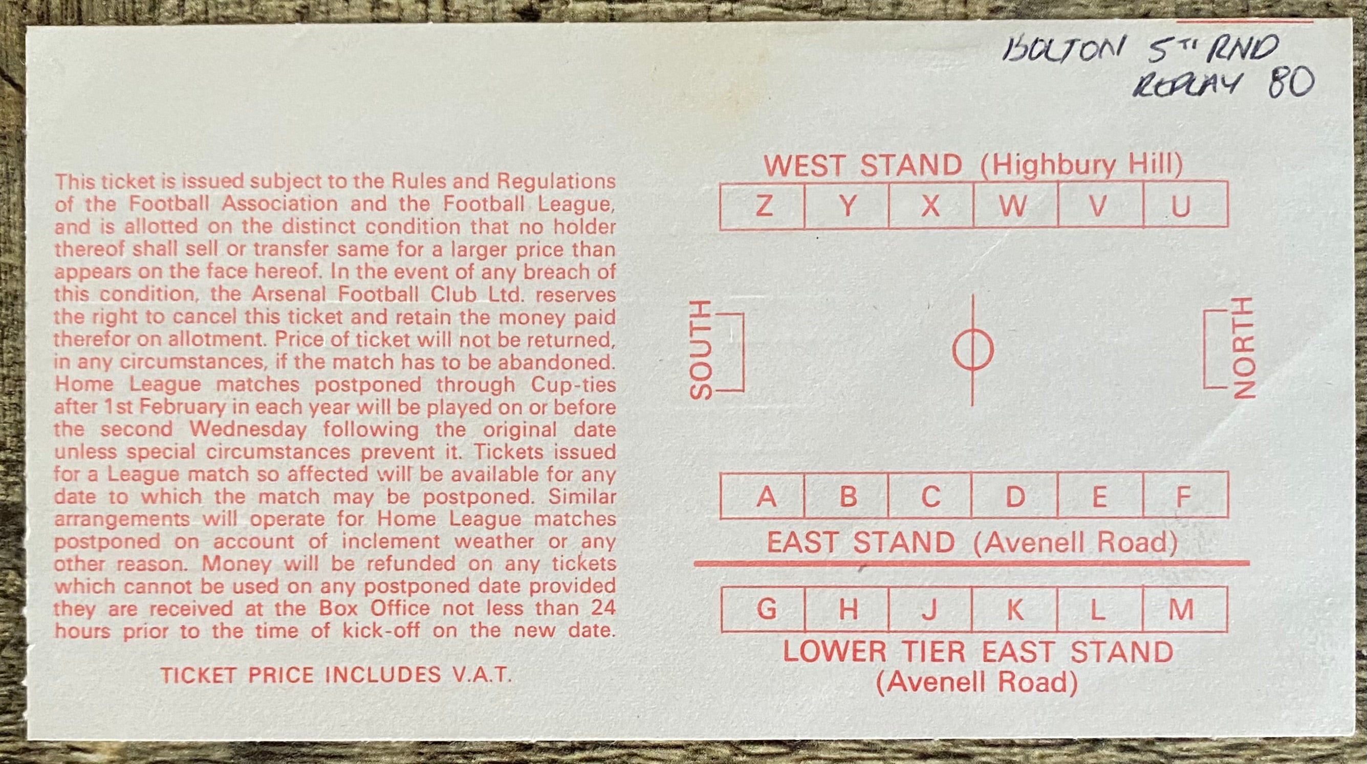 1979/80 ORIGINAL FA CUP 5TH ROUND REPLAY TICKET ARSENAL V BOLTON WANDERERS